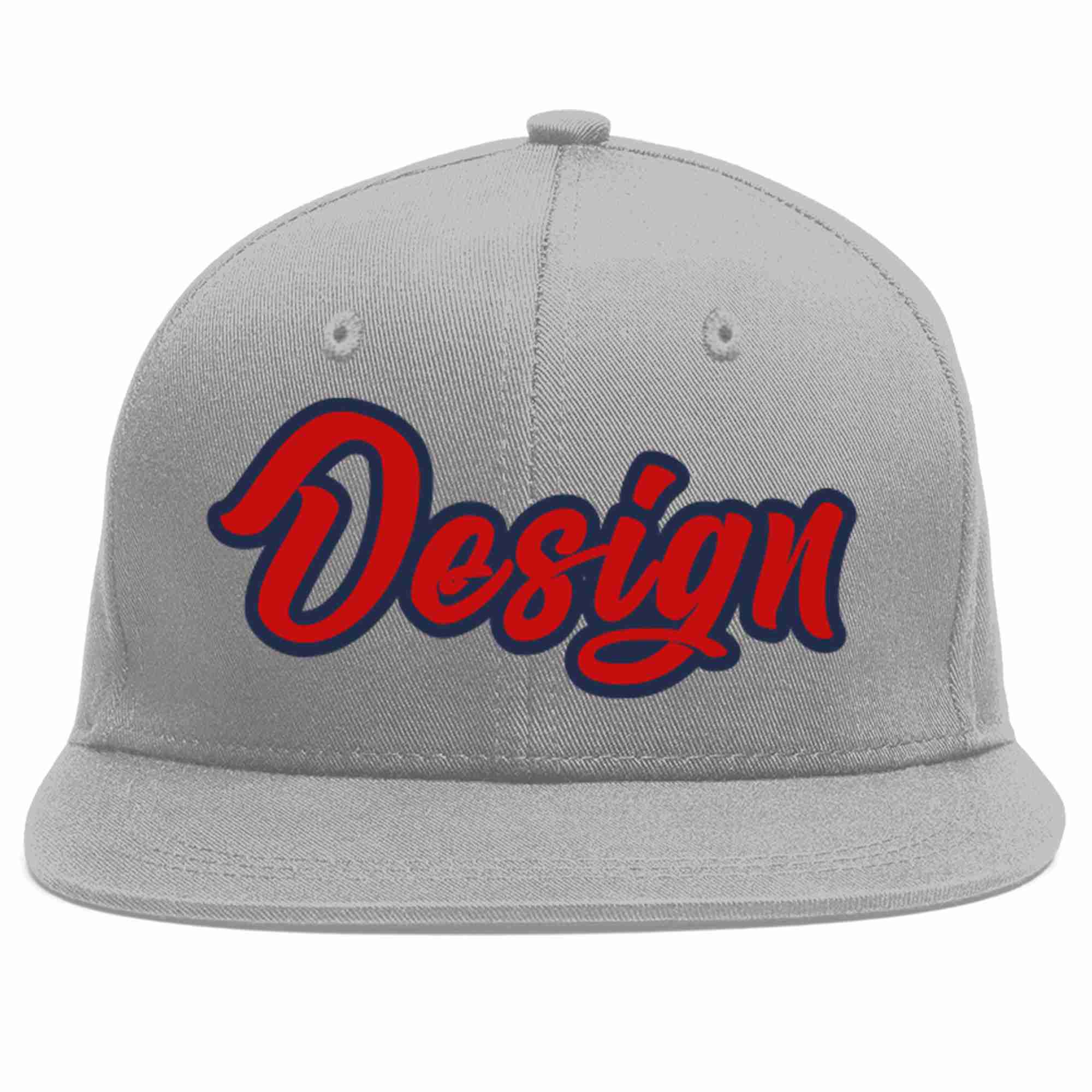 Custom Gray Red-Navy Flat Eaves Sport Baseball Cap Design for Men/Women/Youth