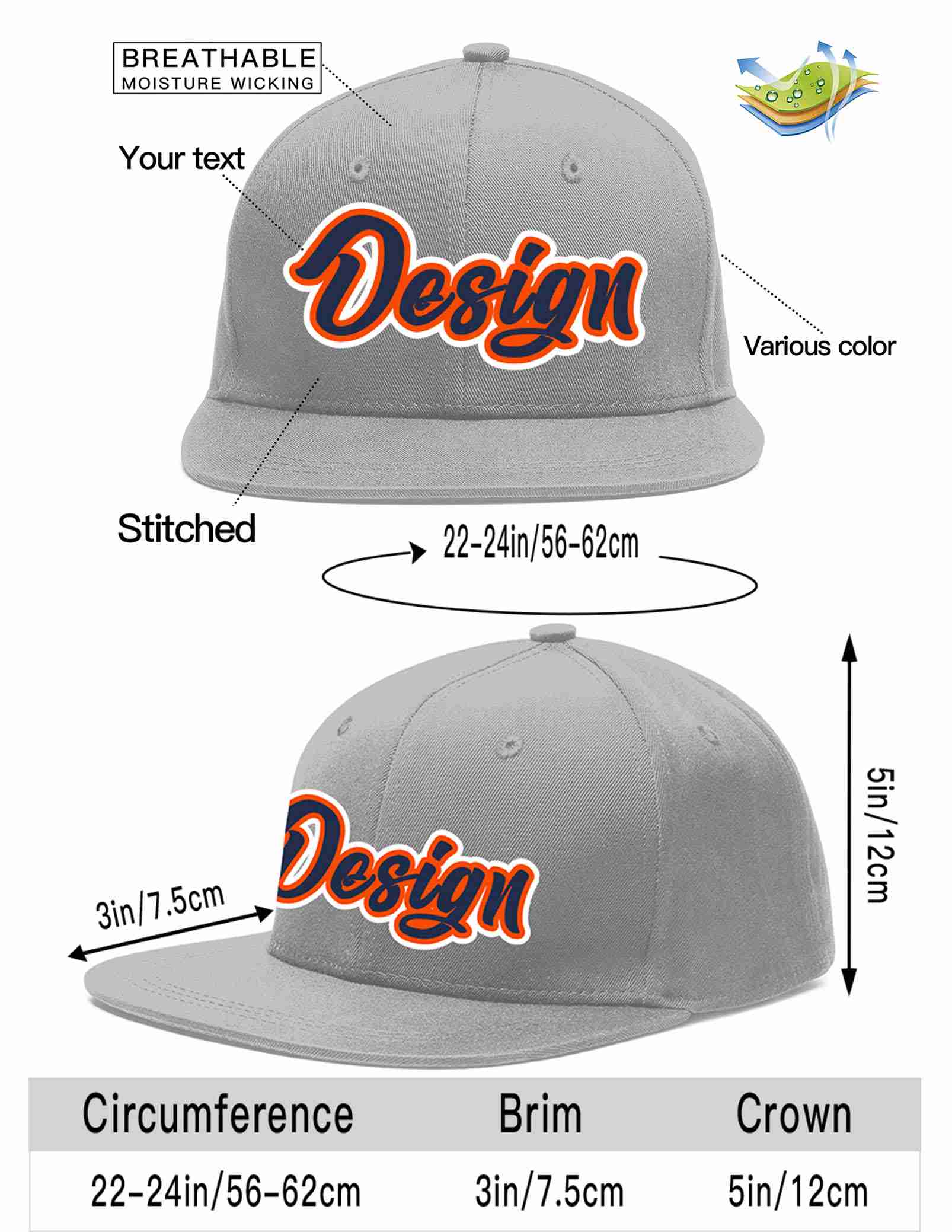 Conception personnalisée de casquette de baseball de sport à avant-toit plat gris marine-orange pour hommes/femmes/jeunes