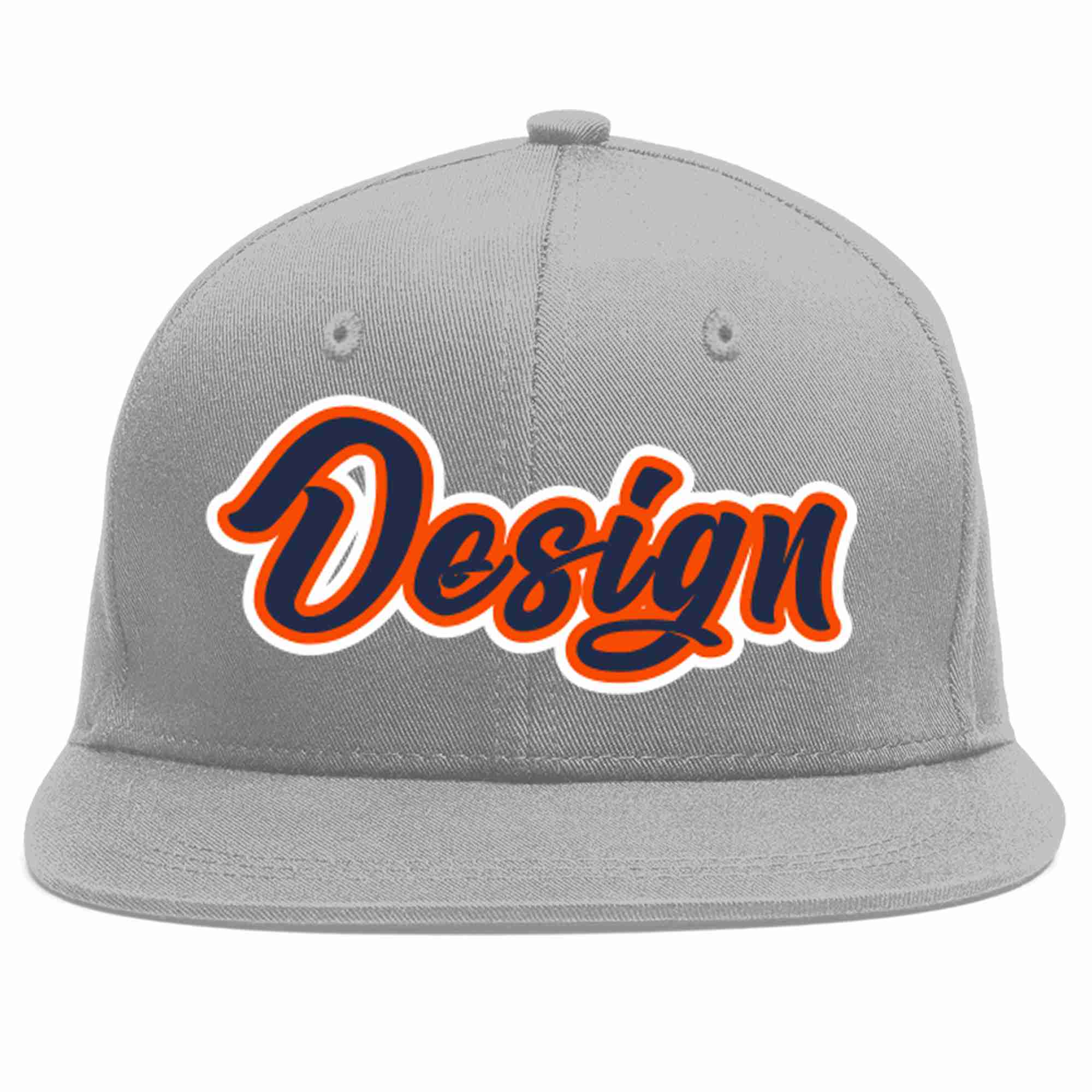 Custom Gray Navy-Orange Flat Eaves Sport Baseball Cap Design for Men/Women/Youth