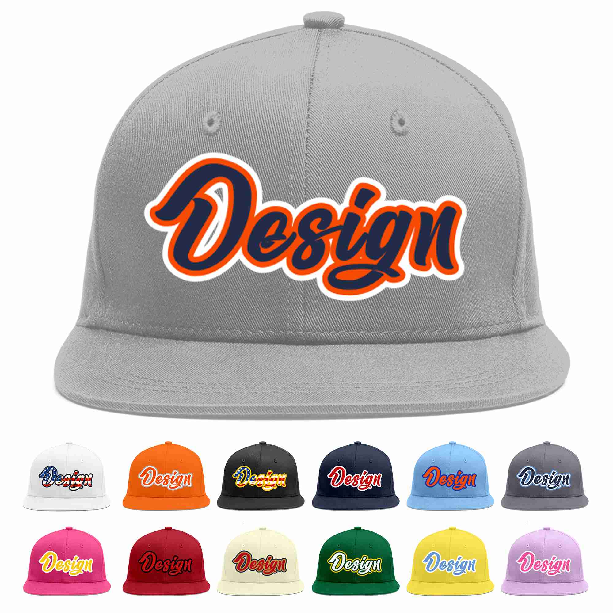 Custom Gray Navy-Orange Flat Eaves Sport Baseball Cap Design for Men/Women/Youth