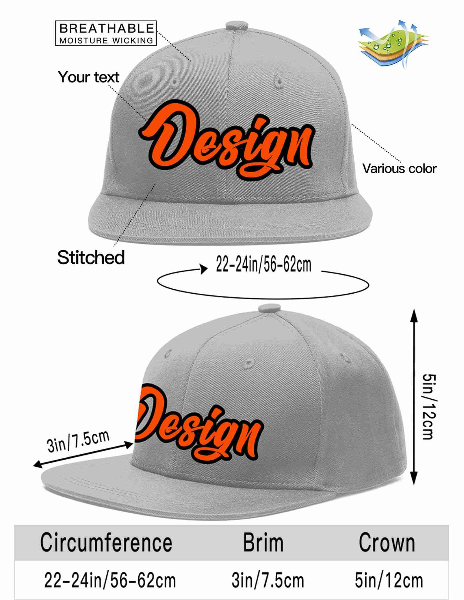 Custom Gray Orange-Black Flat Eaves Sport Baseball Cap Design for Men/Women/Youth