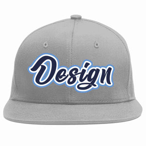 Custom Gray Navy-White Flat Eaves Sport Baseball Cap Design for Men/Women/Youth