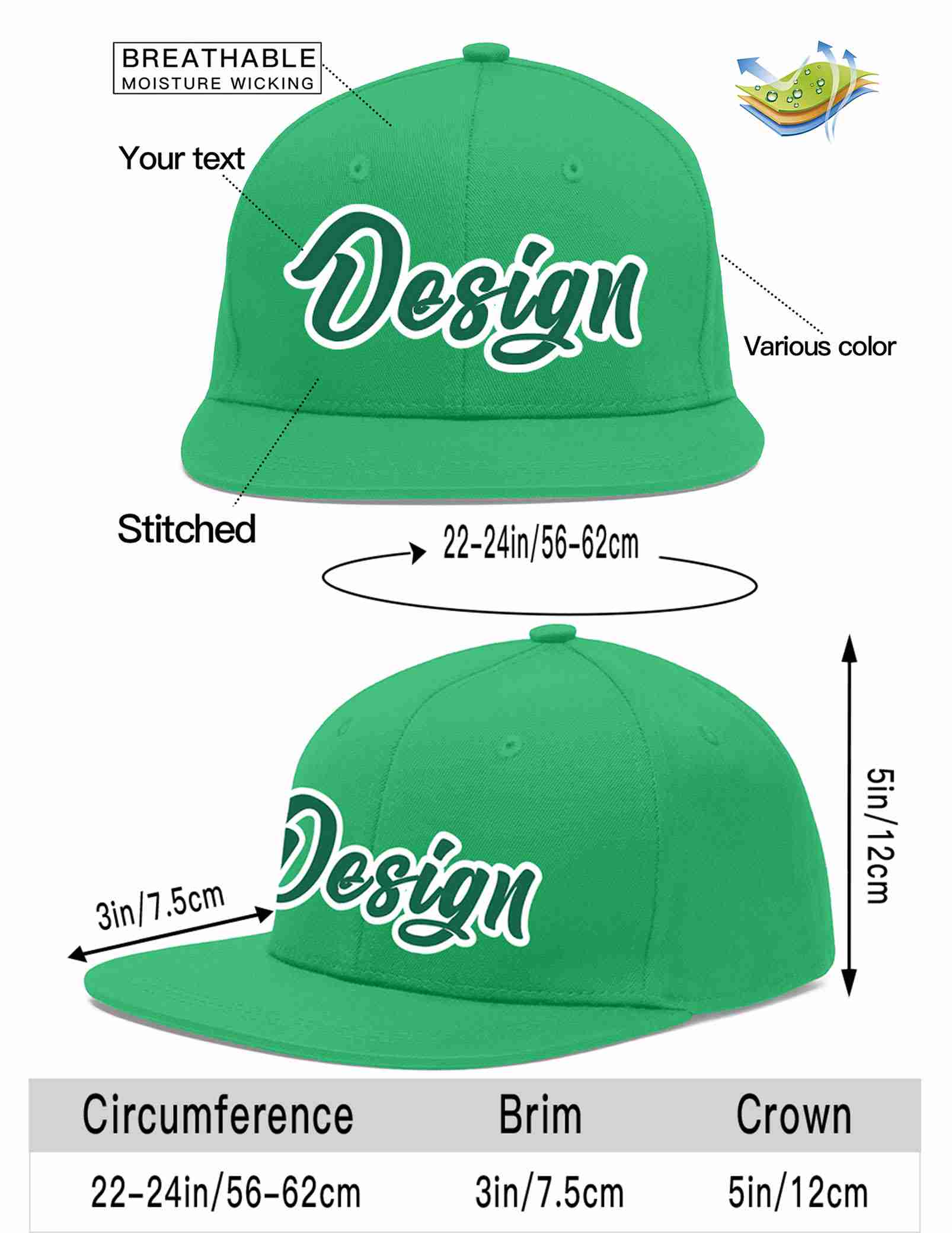 Custom Teal Kelly Green-White Flat Eaves Sport Baseball Cap