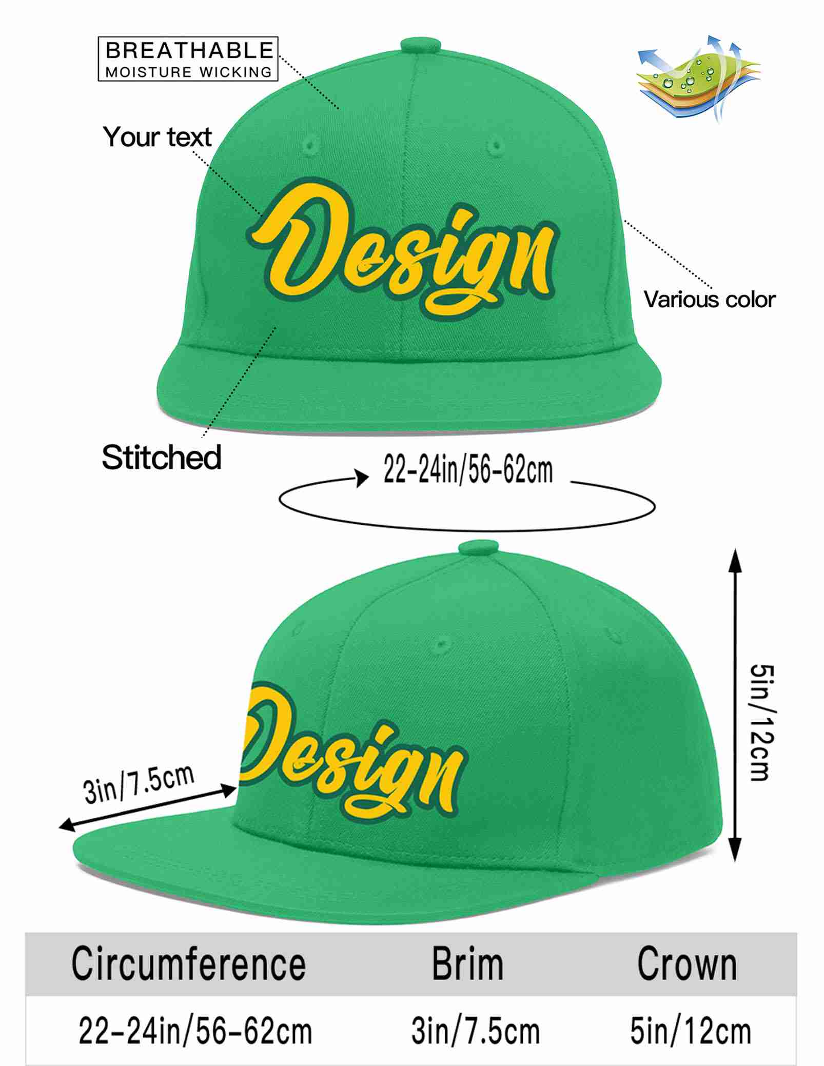 Custom Teal Gold-Kelly Green Flat Eaves Sport Baseball Cap