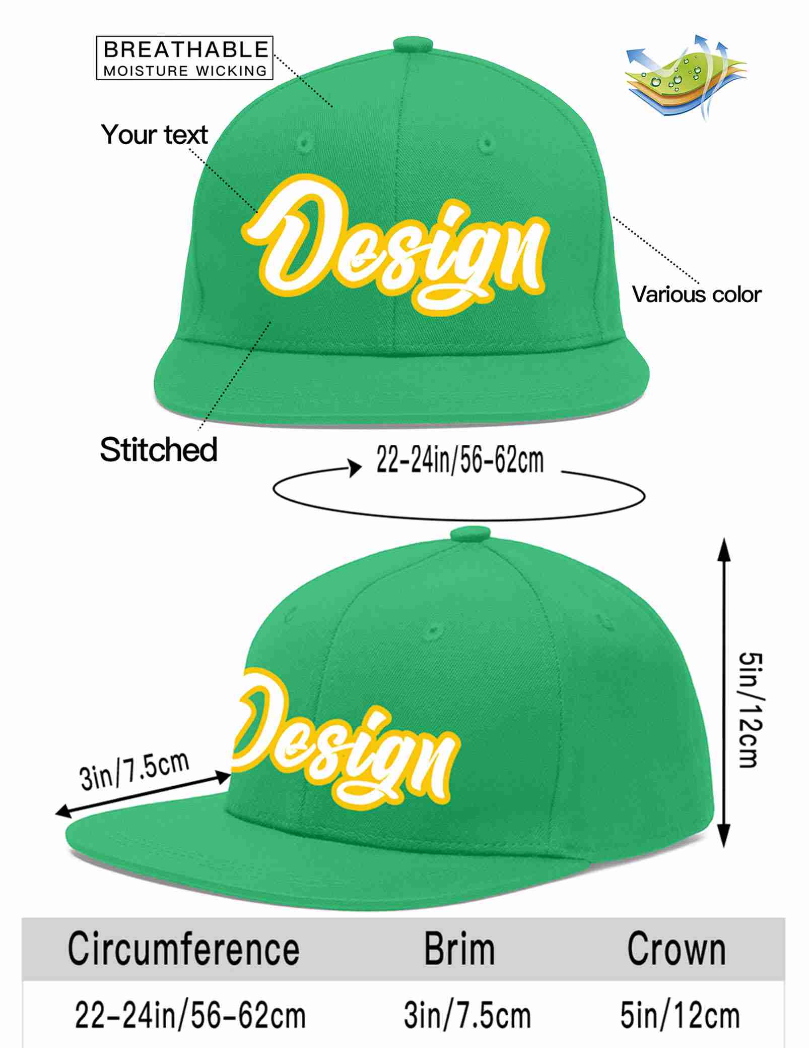 Custom Teal White-Gold Flat Eaves Sport Baseball Cap