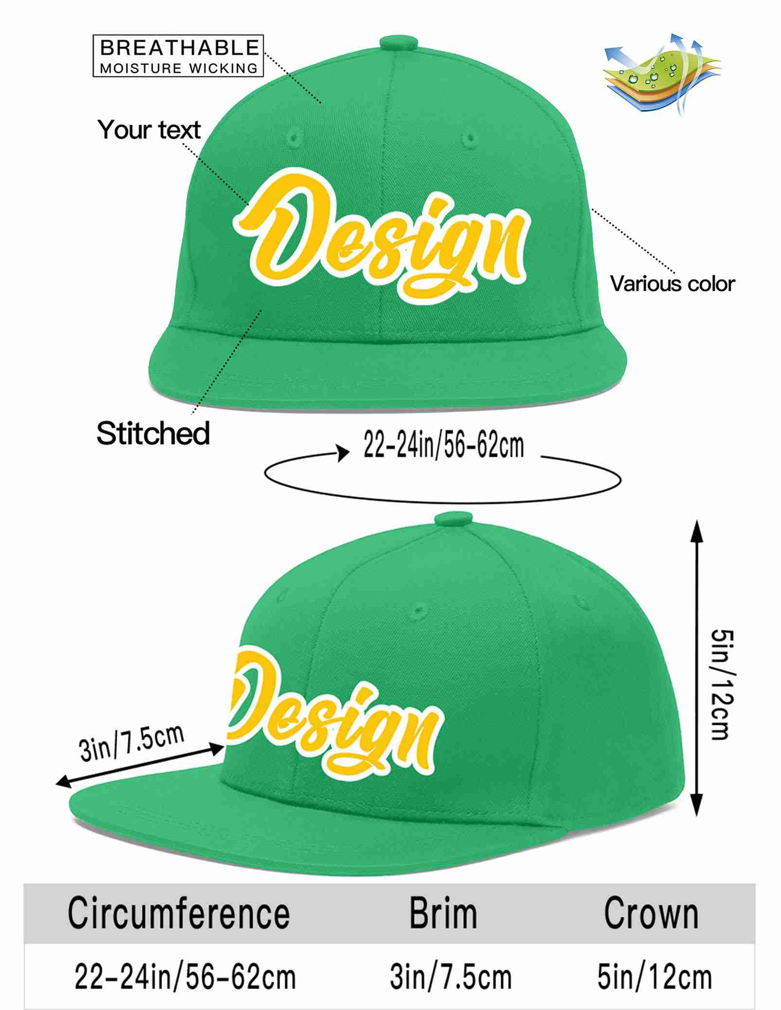 Custom Teal Gold-White Flat Eaves Sport Baseball Cap