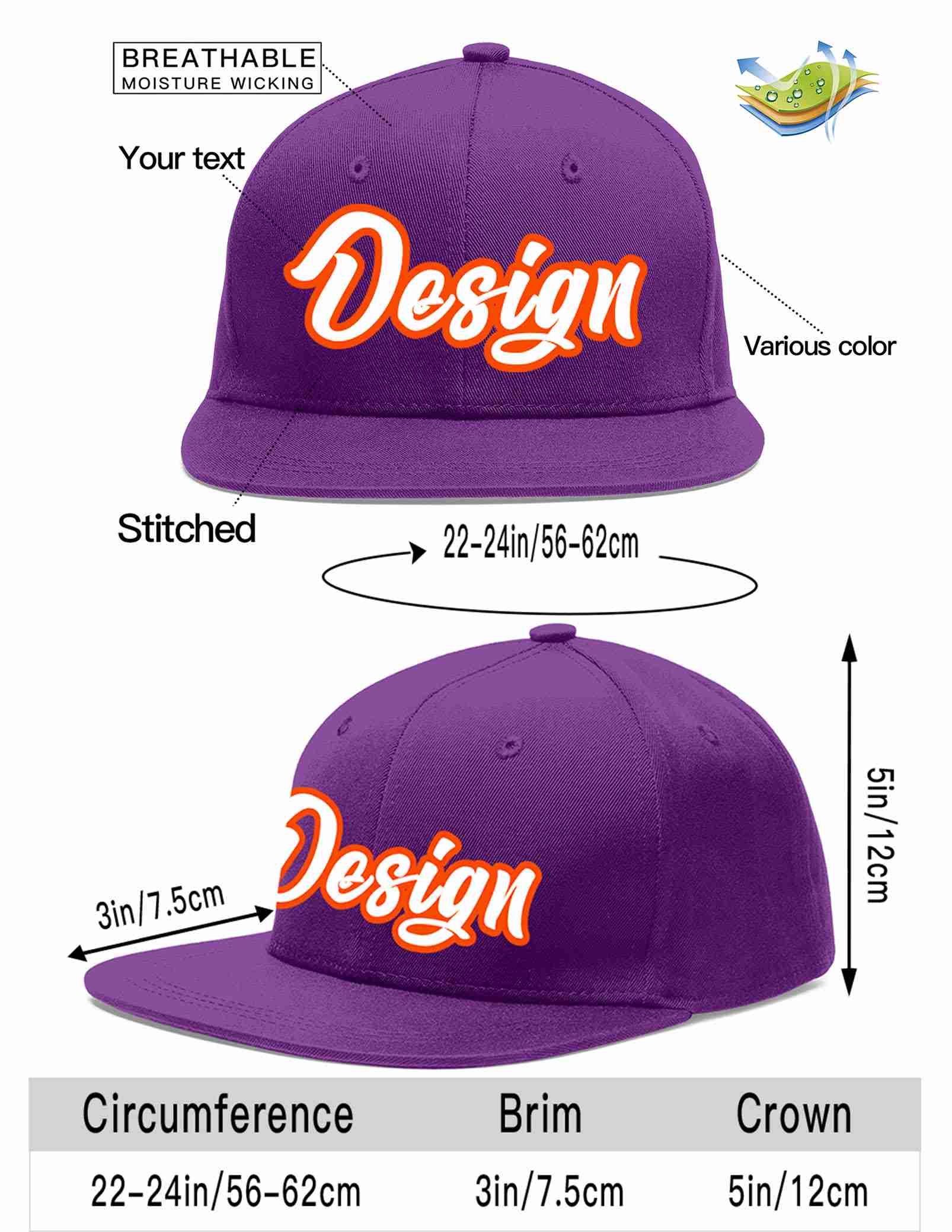 Conception personnalisée de casquette de baseball de sport à avant-toit plat violet blanc-orange pour hommes/femmes/jeunes