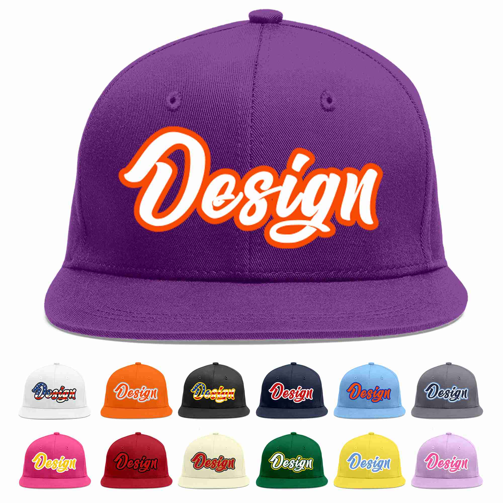 Conception personnalisée de casquette de baseball de sport à avant-toit plat violet blanc-orange pour hommes/femmes/jeunes