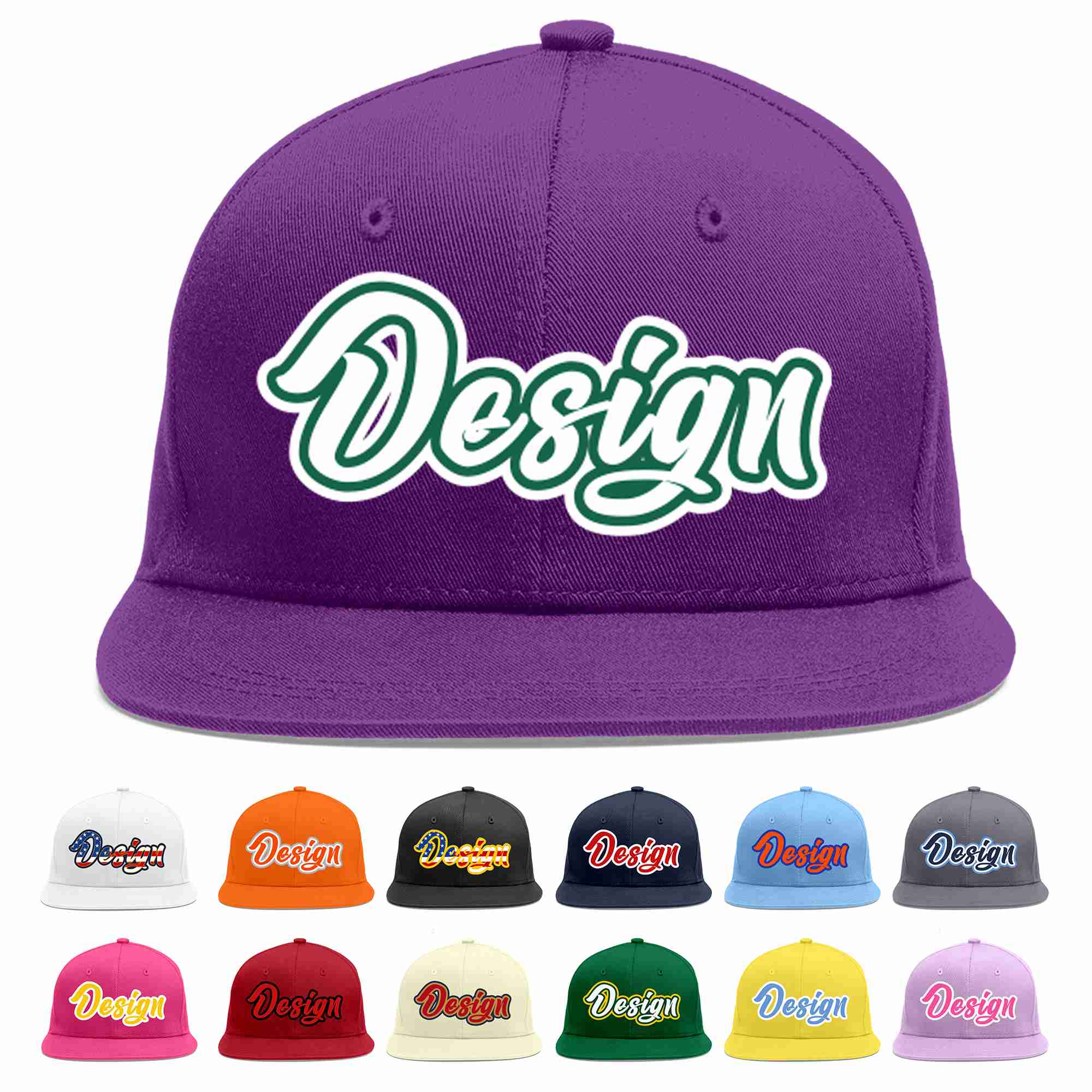 Conception personnalisée de casquette de baseball de sport à avant-toit plat violet blanc-vert Kelly pour hommes/femmes/jeunes