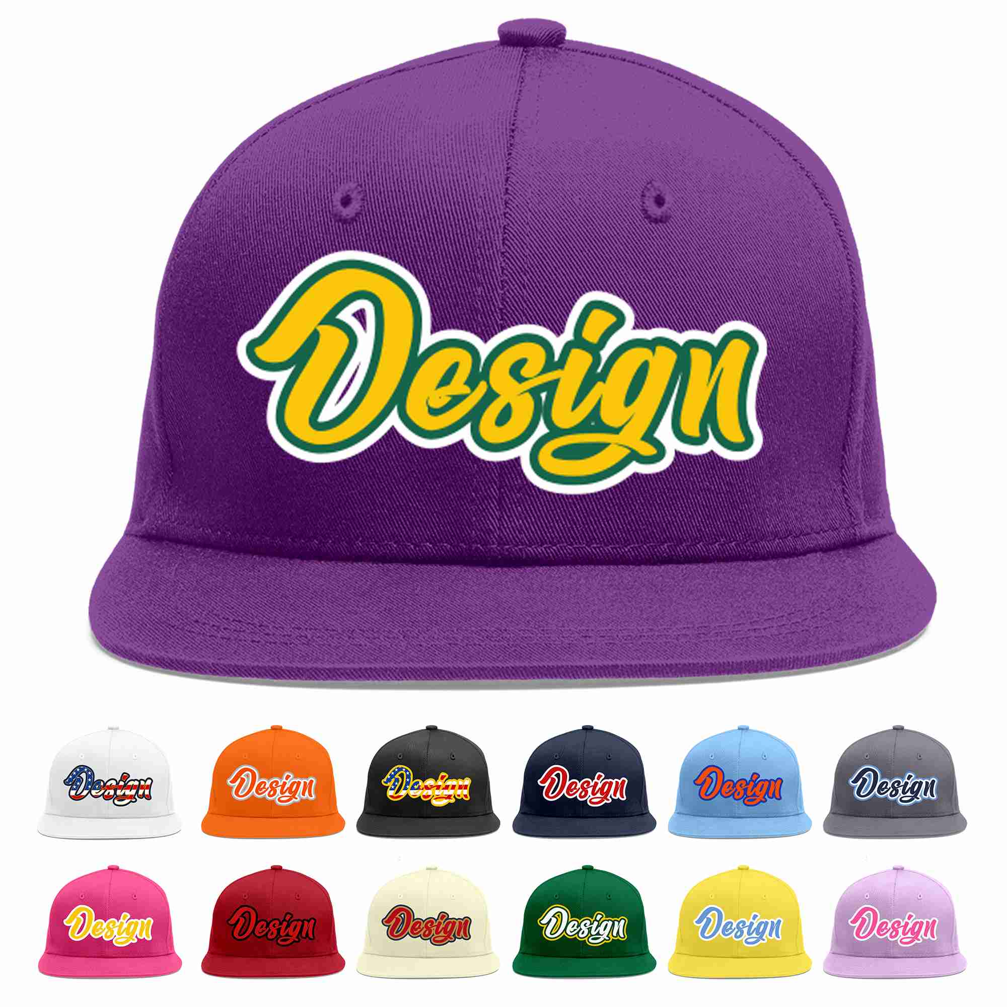 Conception personnalisée de casquette de baseball de sport à avant-toit plat violet or-kelly vert pour hommes/femmes/jeunes