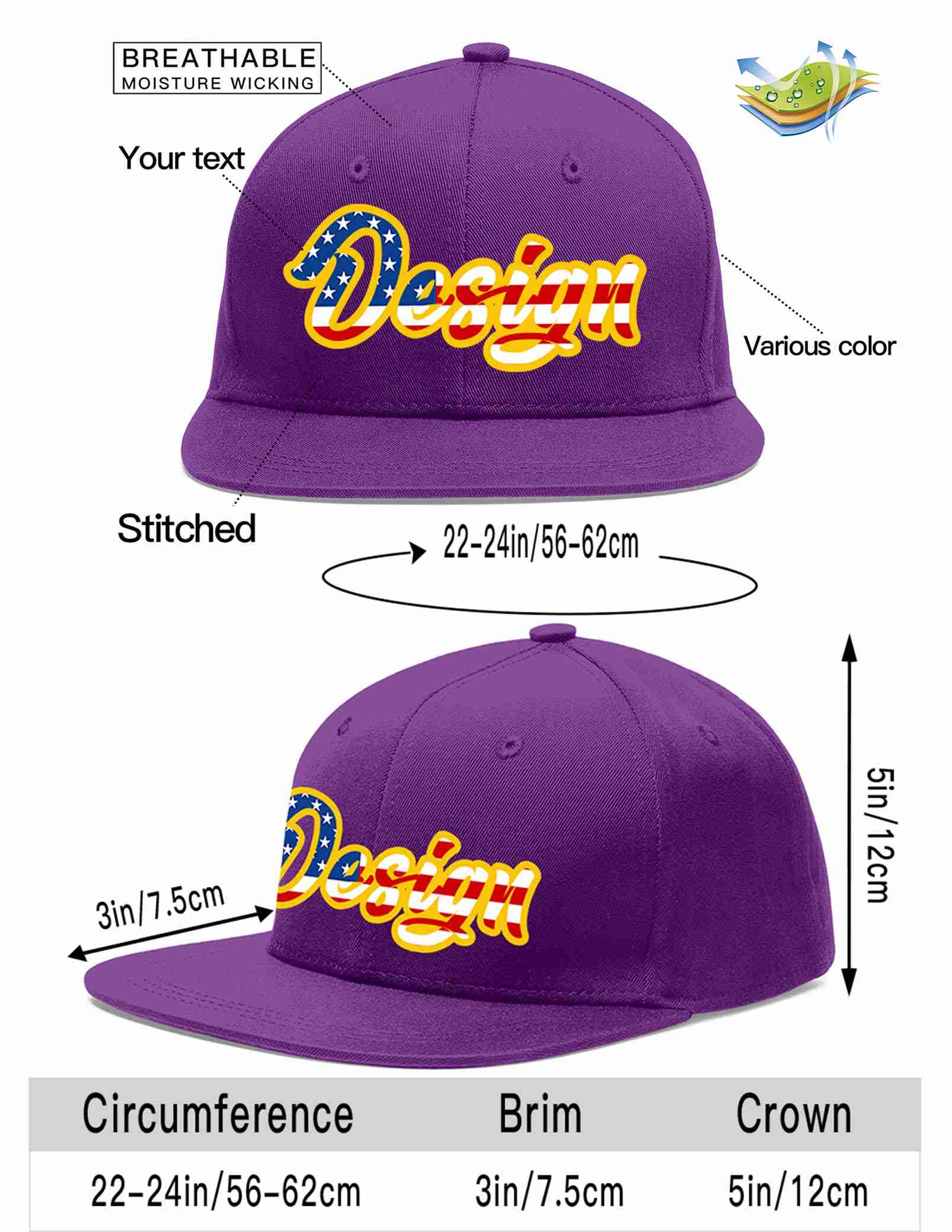 Casquette de baseball personnalisée avec drapeau américain vintage violet, design plat avant-toit, pour hommes/femmes/jeunes