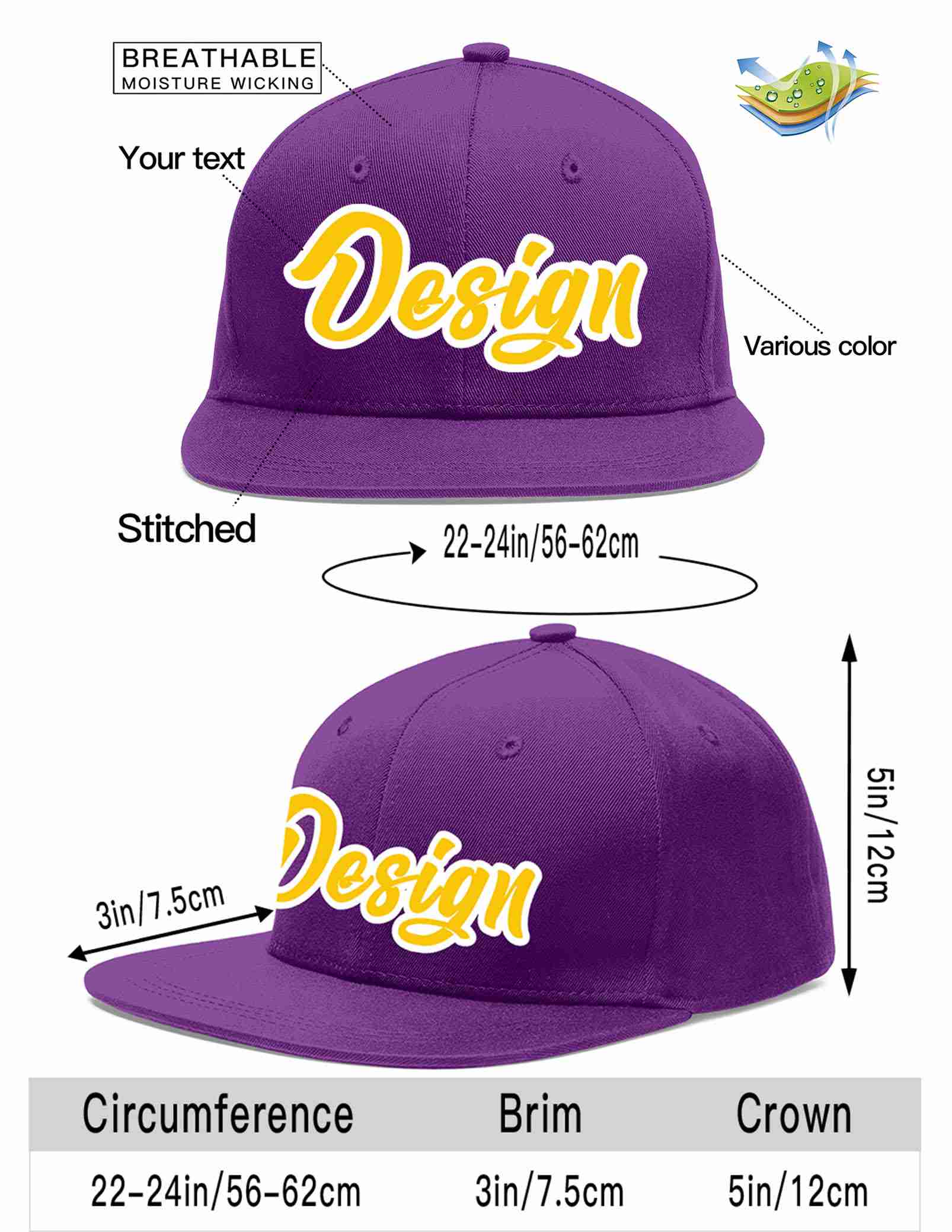 Conception personnalisée de casquette de baseball de sport à avant-toit plat violet or-blanc pour hommes/femmes/jeunes