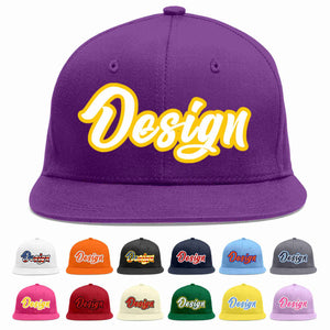 Custom Purple White-Gold Flat Eaves Sport Baseball Cap Design for Men/Women/Youth