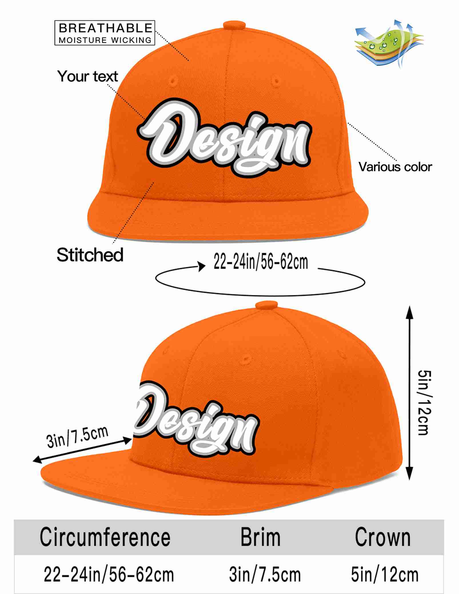 Conception personnalisée de casquette de baseball de sport à avant-toit plat orange blanc-gris pour hommes/femmes/jeunes