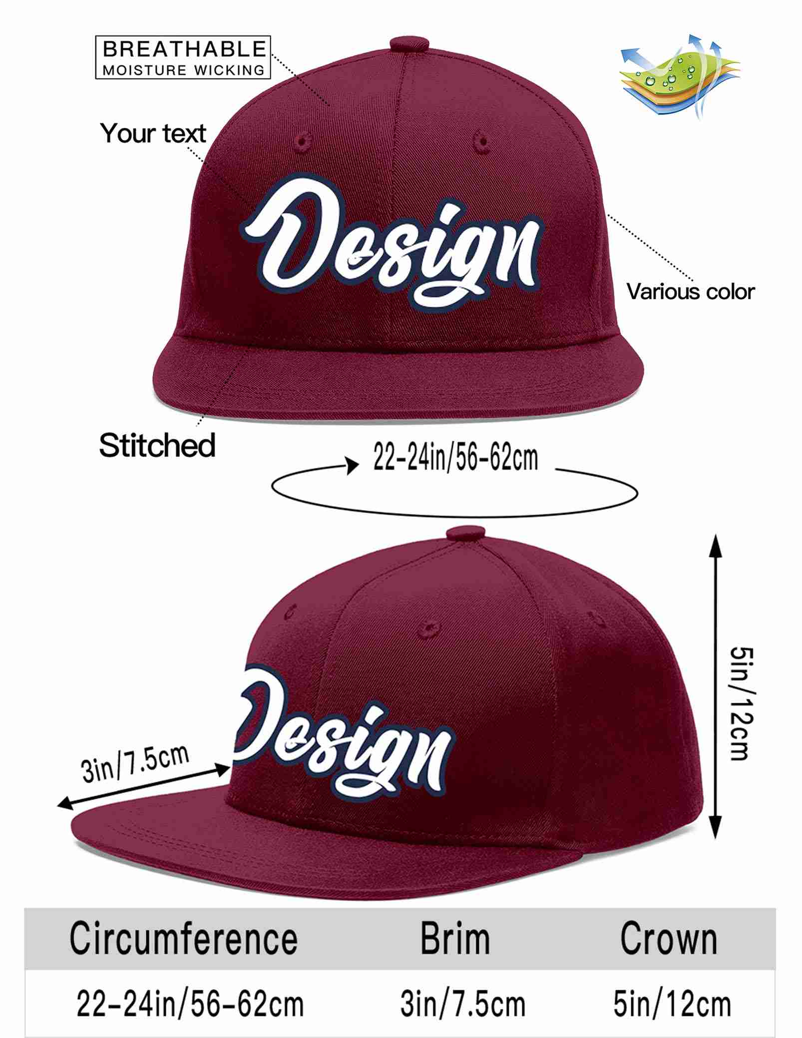 Custom Crimson White-Navy Flat Eaves Sport Baseball Cap Design for Men/Women/Youth