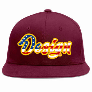 Custom Crimson Vintage USA Flag-Gold Flat Eaves Sport Baseball Cap Design for Men/Women/Youth