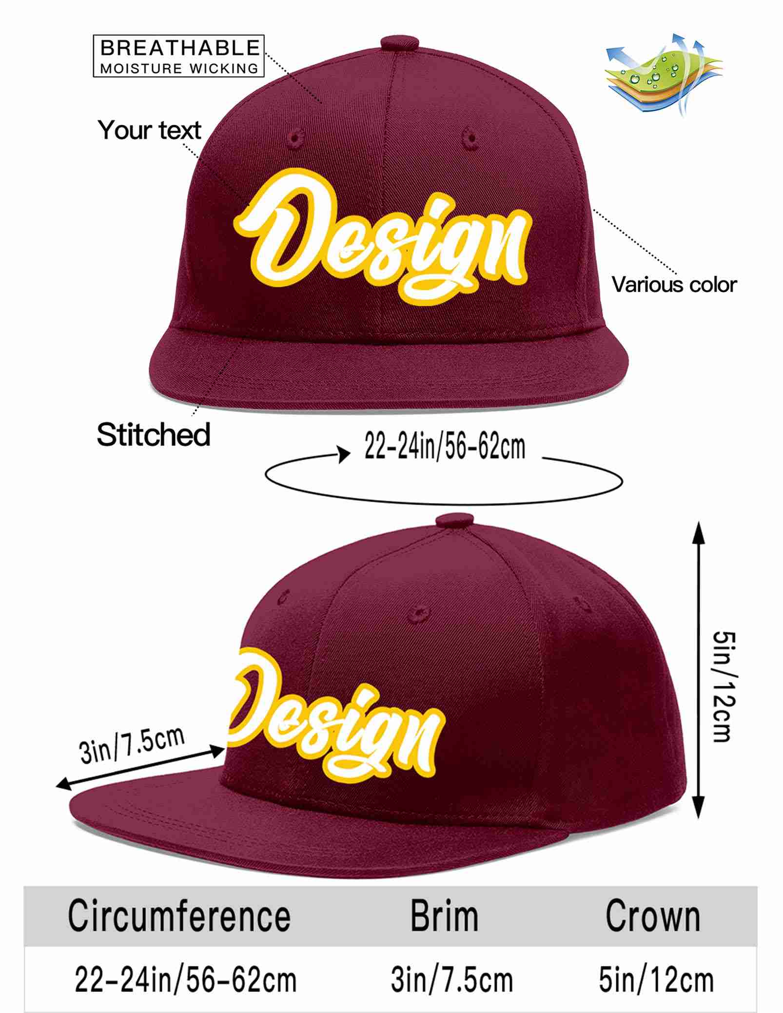 Custom Crimson White-Gold Flat Eaves Sport Baseball Cap Design for Men/Women/Youth