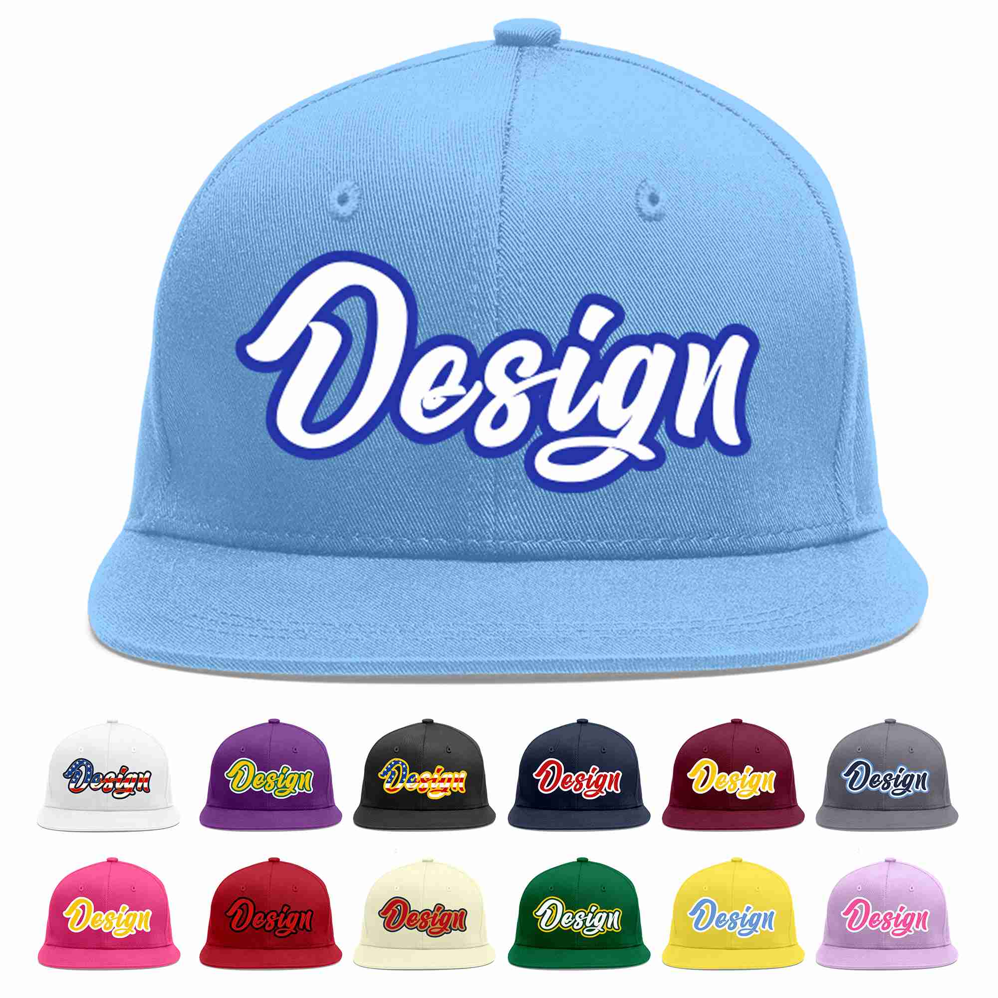 Custom Light Blue White-Royal Flat Eaves Sport Baseball Cap Design for Men/Women/Youth