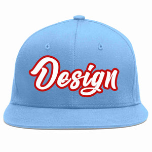 Custom Light Blue White-Red Flat Eaves Sport Baseball Cap Design for Men/Women/Youth