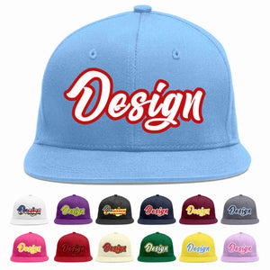 Custom Light Blue White-Red Flat Eaves Sport Baseball Cap Design for Men/Women/Youth