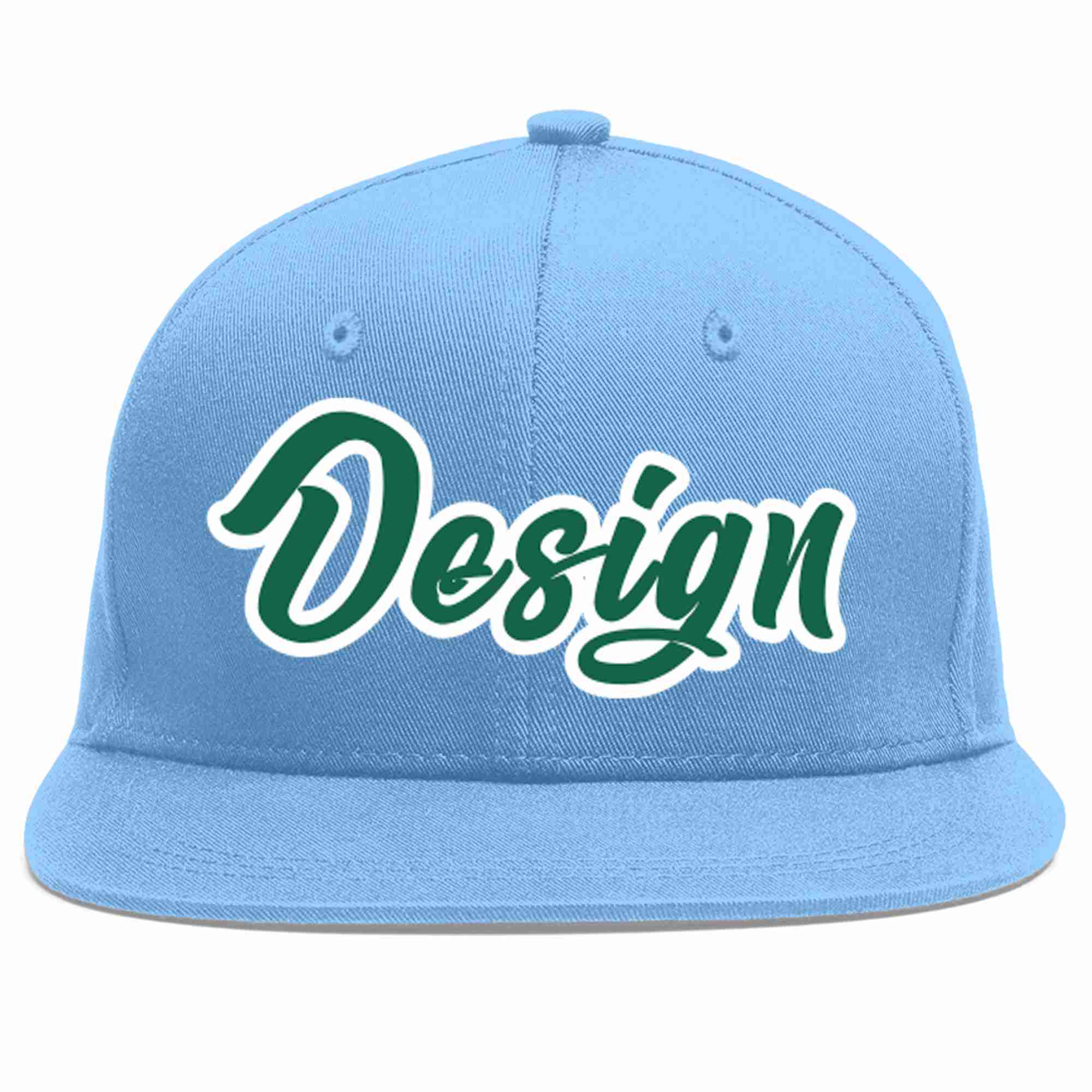 Custom Light Blue Kelly Green-White Flat Eaves Sport Baseball Cap Design for Men/Women/Youth