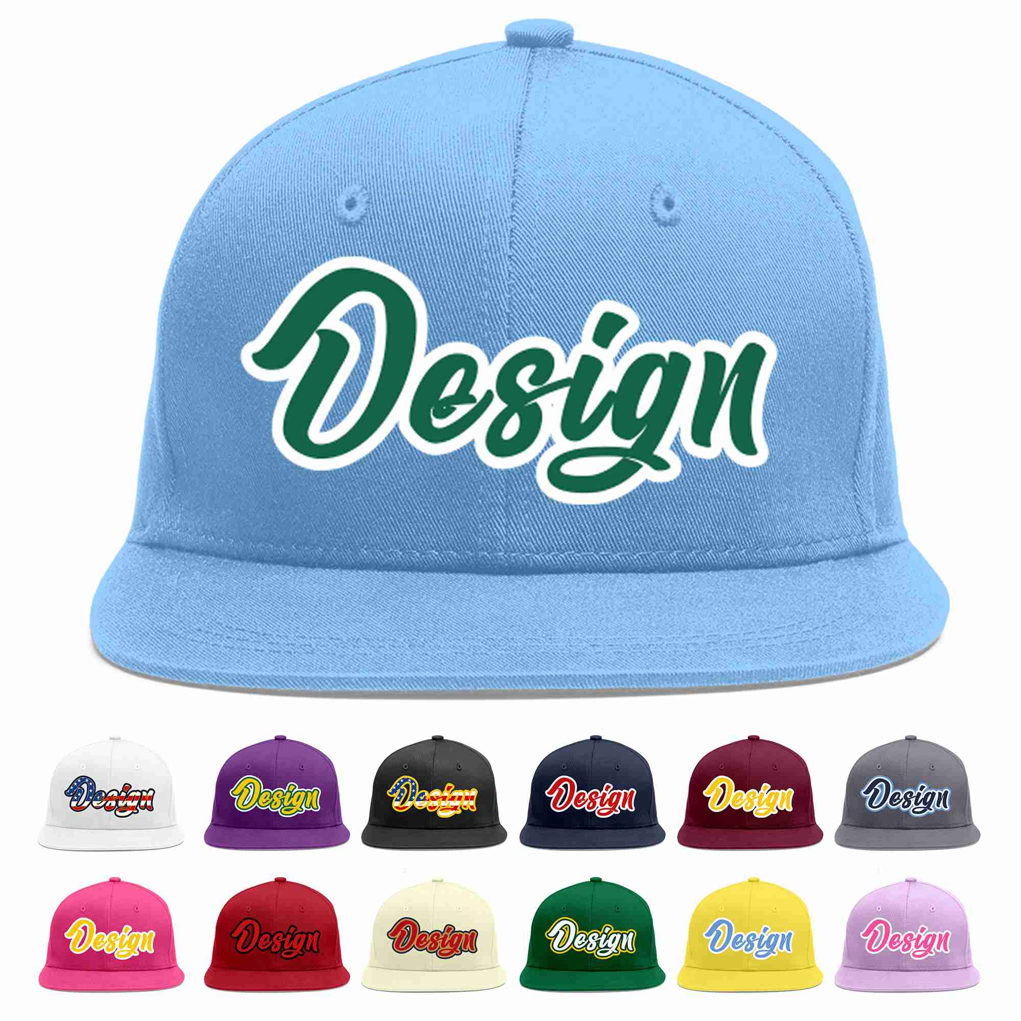 Custom Light Blue Kelly Green-White Flat Eaves Sport Baseball Cap Design for Men/Women/Youth