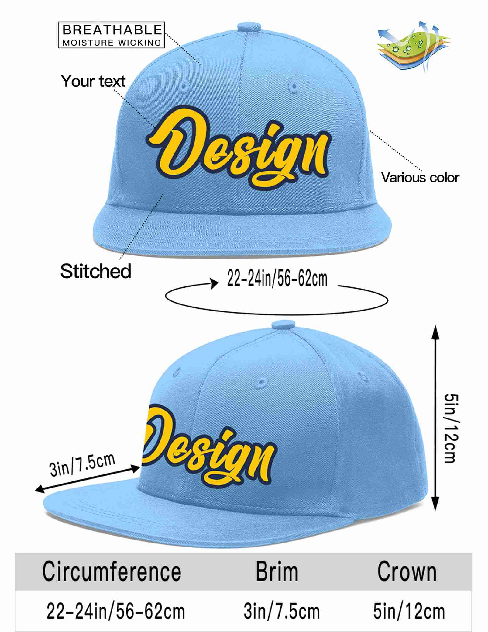 Custom Light Blue Gold-Navy Flat Eaves Sport Baseball Cap Design for Men/Women/Youth