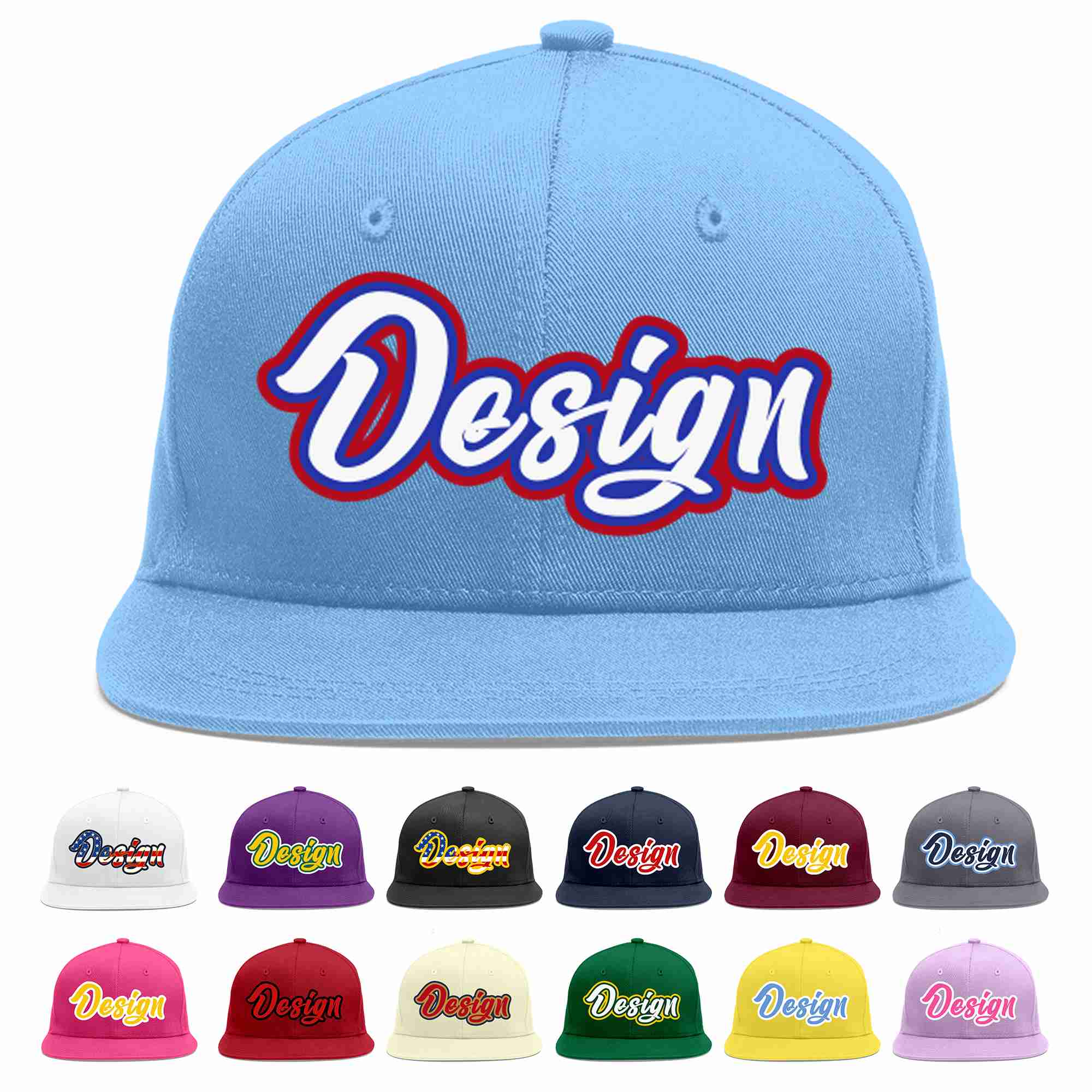 Custom Light Blue White-Royal Flat Eaves Sport Baseball Cap Design for Men/Women/Youth