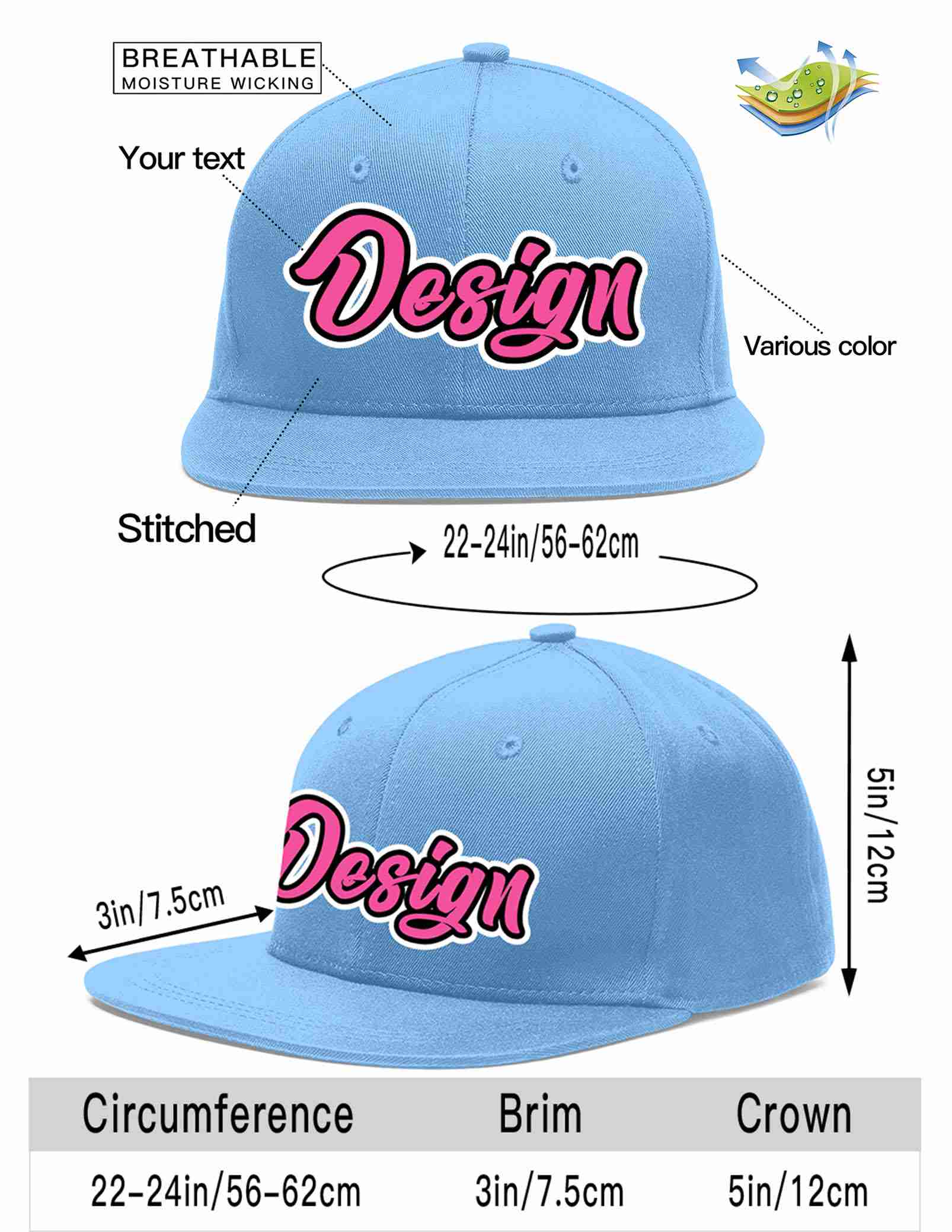 Custom Light Blue Pink-Black Flat Eaves Sport Baseball Cap Design for Men/Women/Youth