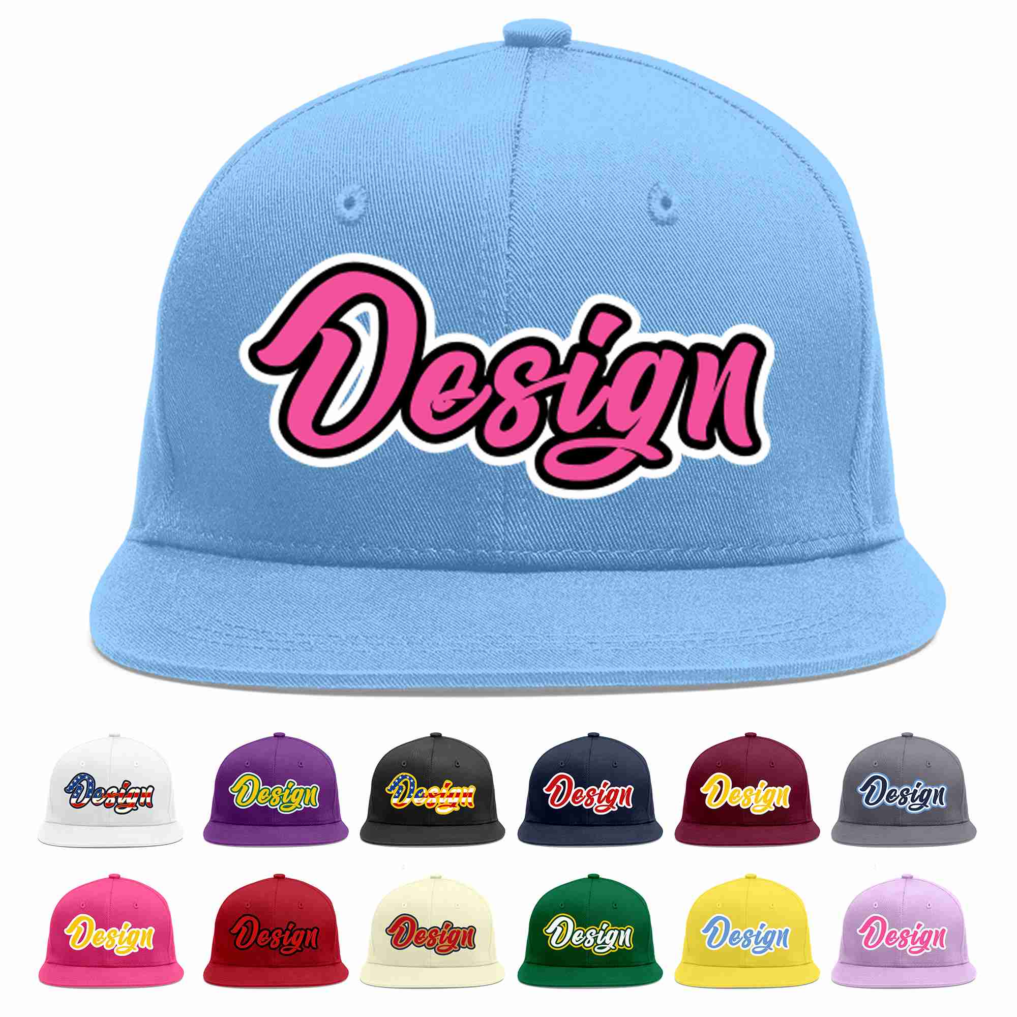 Custom Light Blue Pink-Black Flat Eaves Sport Baseball Cap Design for Men/Women/Youth