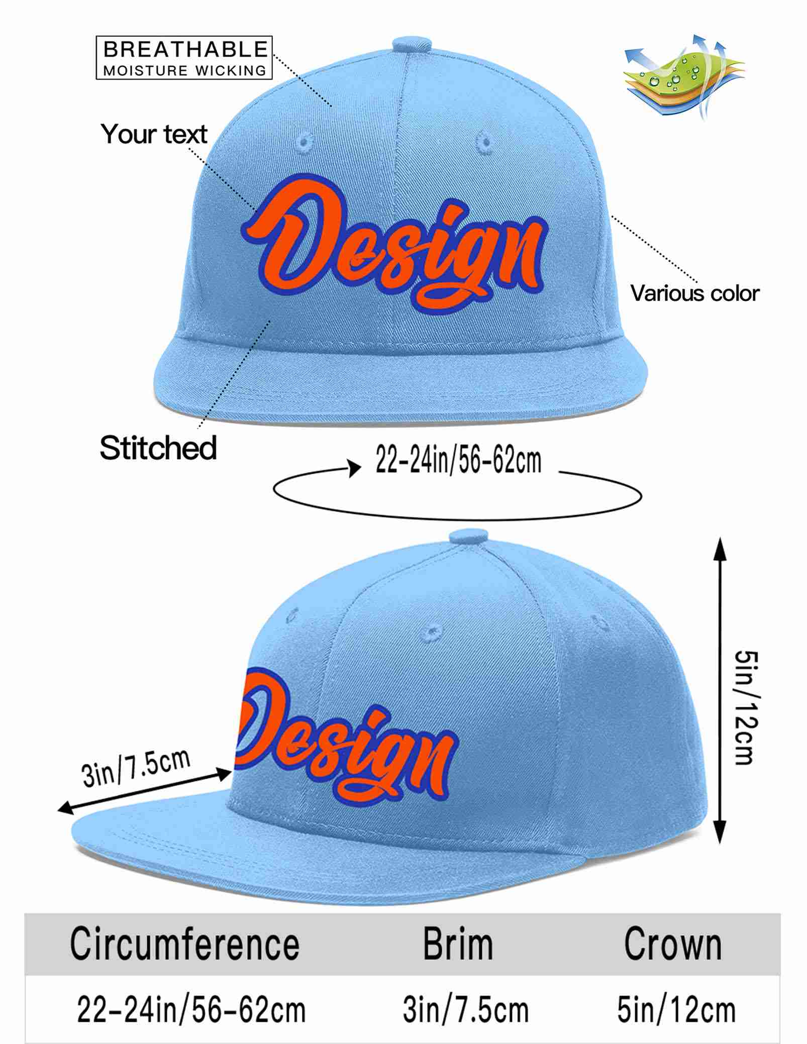 Custom Light Blue Orange-Royal Flat Eaves Sport Baseball Cap Design for Men/Women/Youth