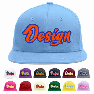 Custom Light Blue Orange-Royal Flat Eaves Sport Baseball Cap Design for Men/Women/Youth