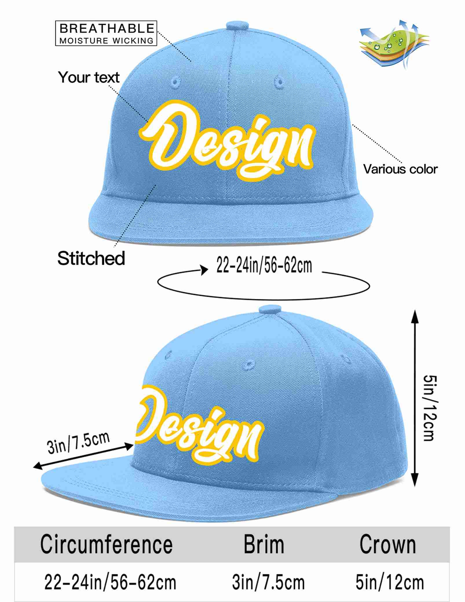 Custom Light Blue White-Gold Flat Eaves Sport Baseball Cap Design for Men/Women/Youth