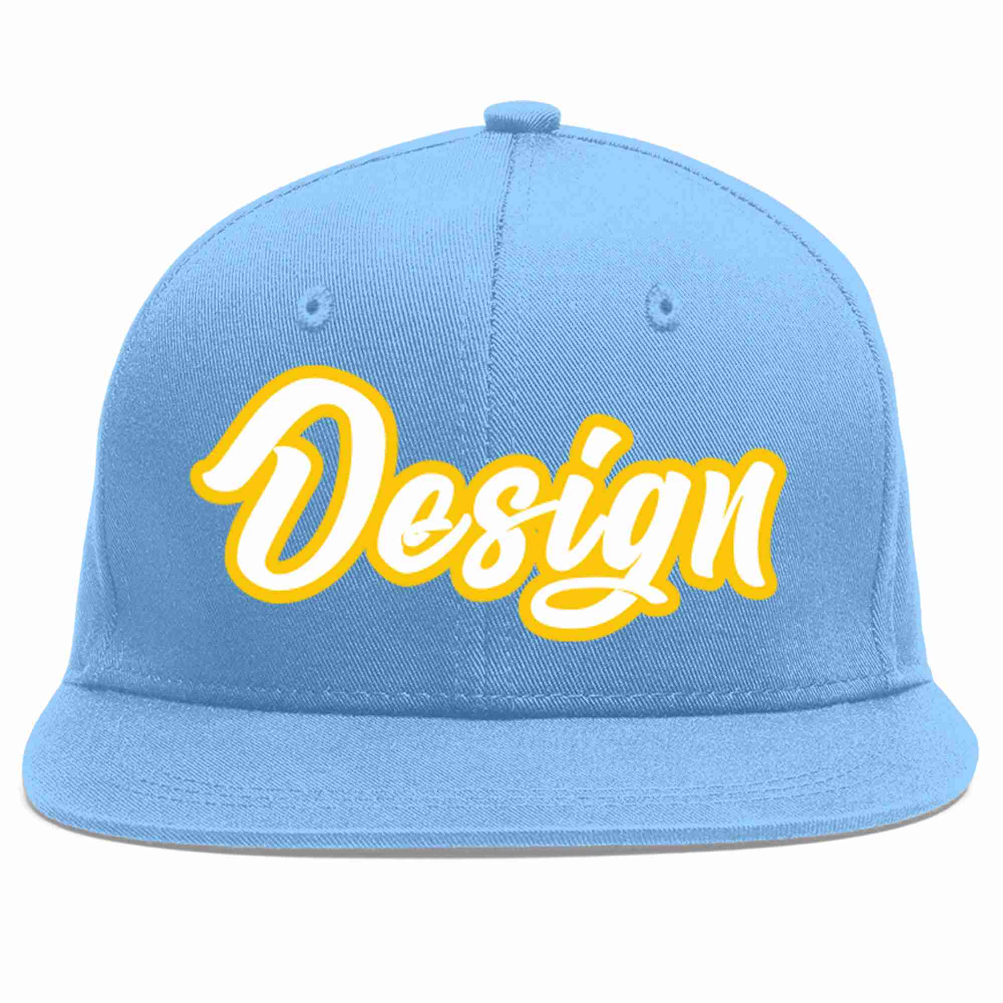 Custom Light Blue White-Gold Flat Eaves Sport Baseball Cap Design for Men/Women/Youth