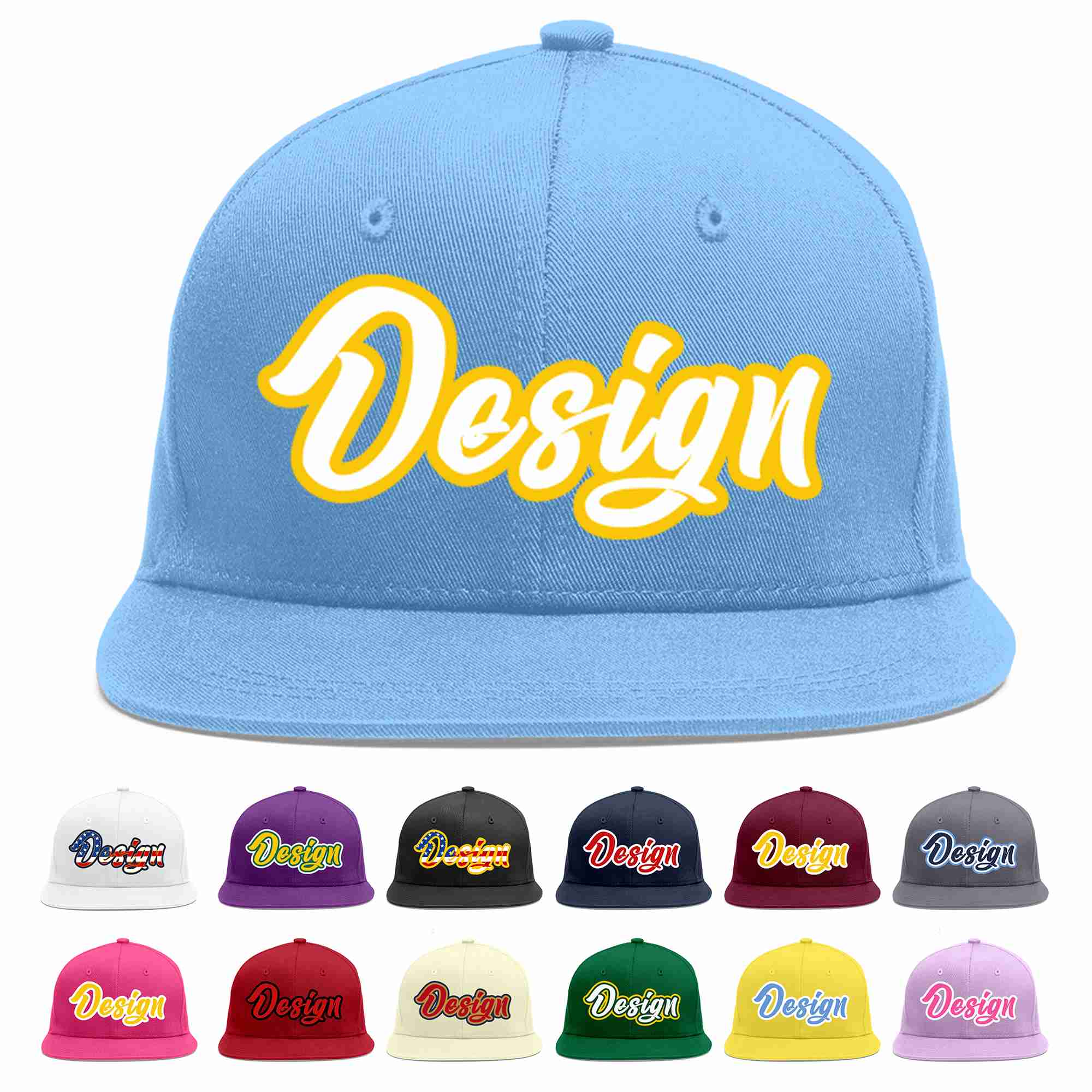 Custom Light Blue White-Gold Flat Eaves Sport Baseball Cap Design for Men/Women/Youth