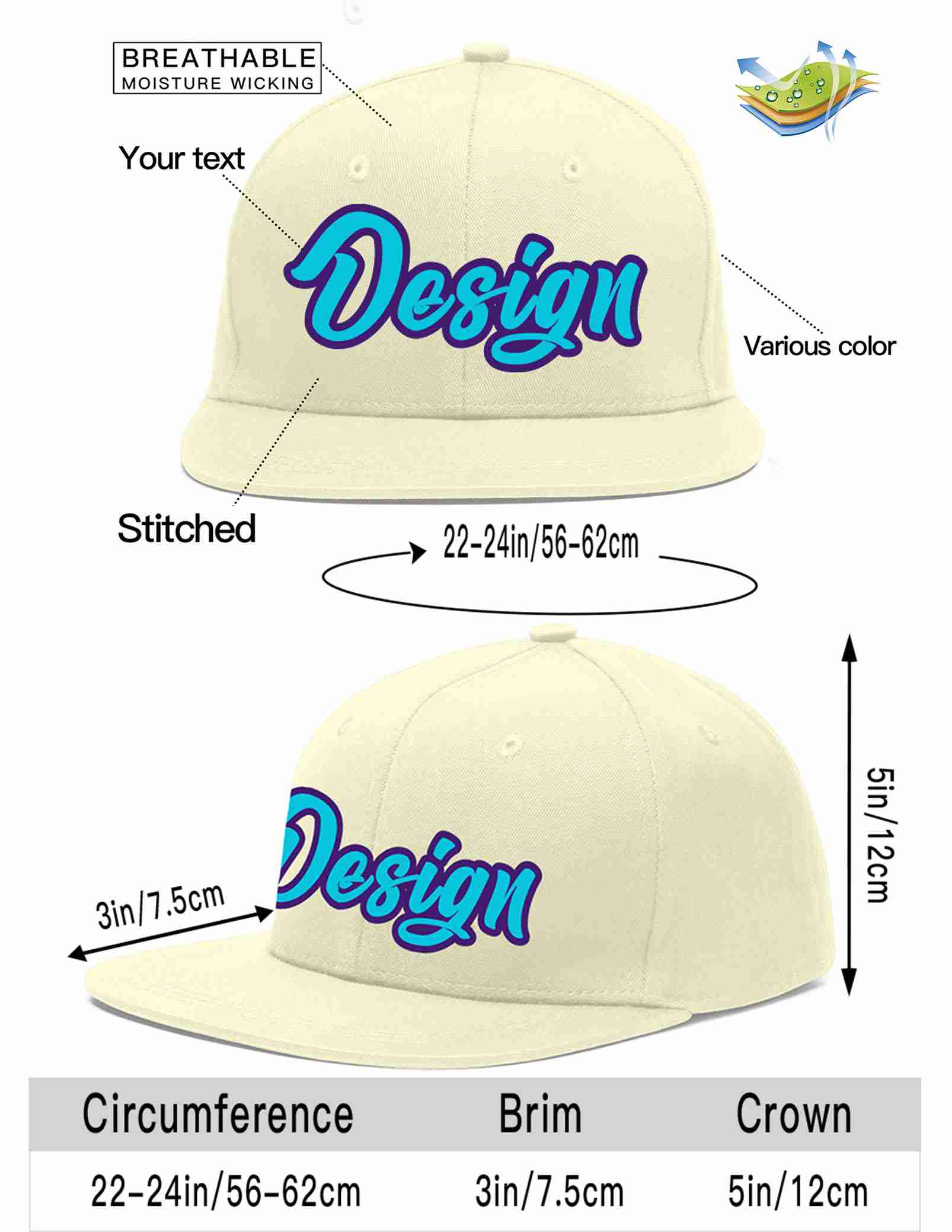 Custom Cream Light Blue-purple Flat Eaves Sport Baseball Cap Design for Men/Women/Youth