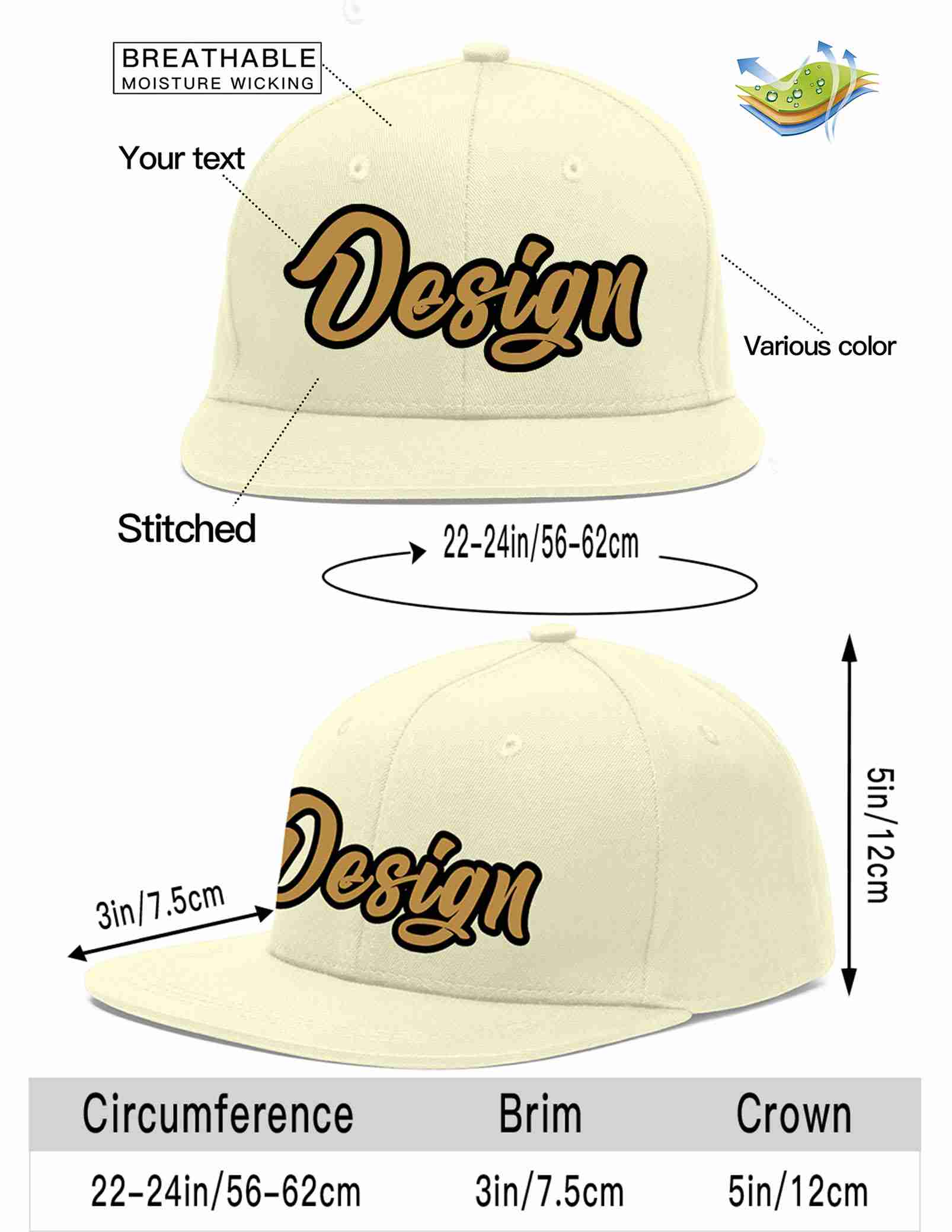 Custom Cream Old Gold-Black Flat Eaves Sport Baseball Cap Design for Men/Women/Youth