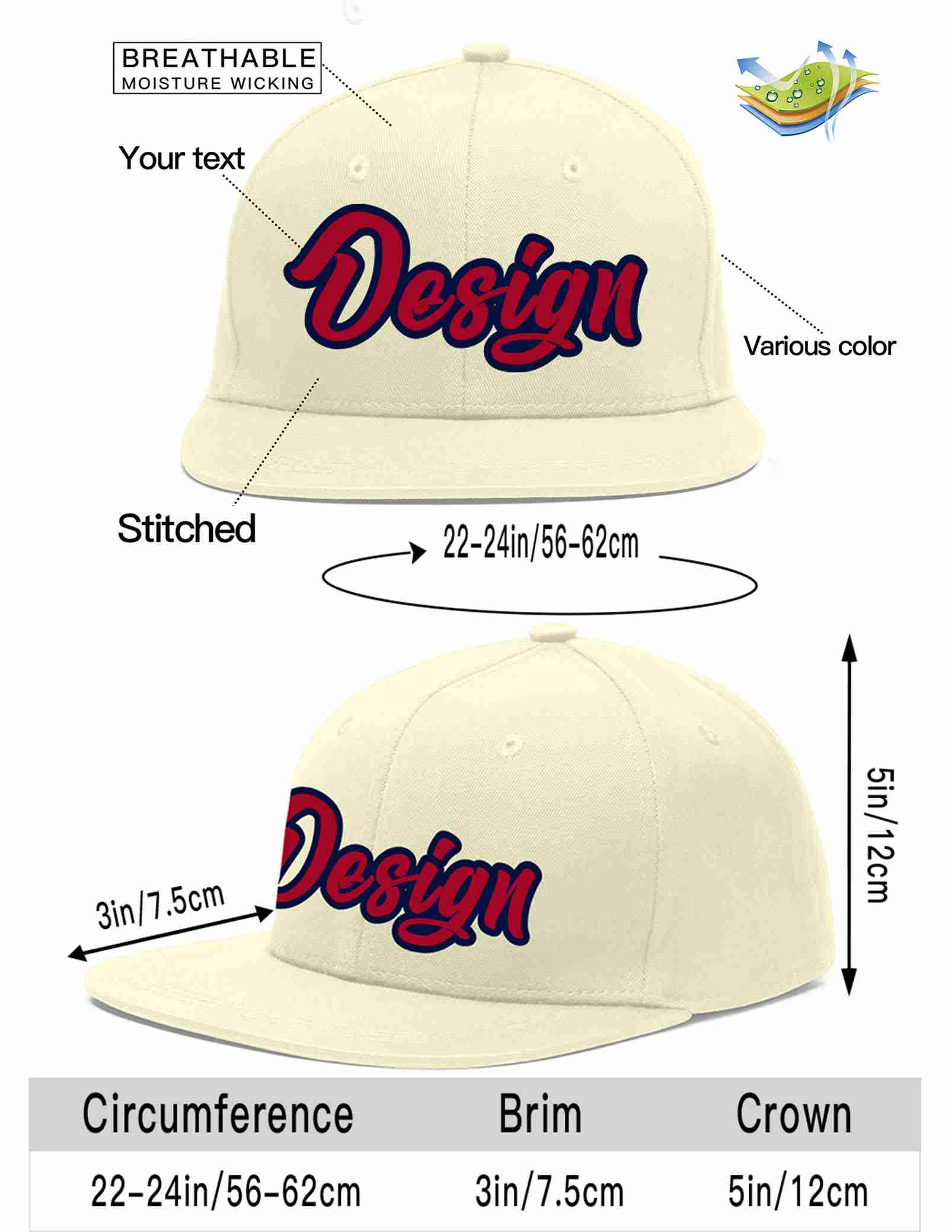 Custom Cream Red-Navy Flat Eaves Sport Baseball Cap Design for Men/Women/Youth