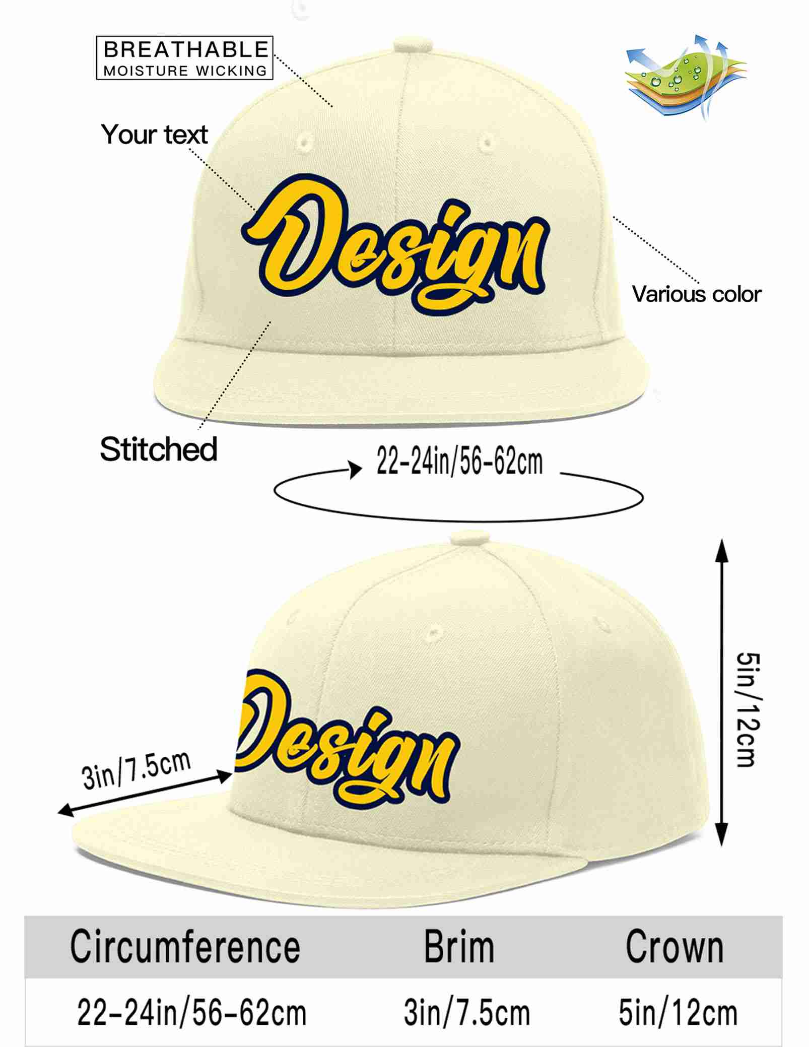 Custom Cream Gold-Navy Flat Eaves Sport Baseball Cap Design for Men/Women/Youth