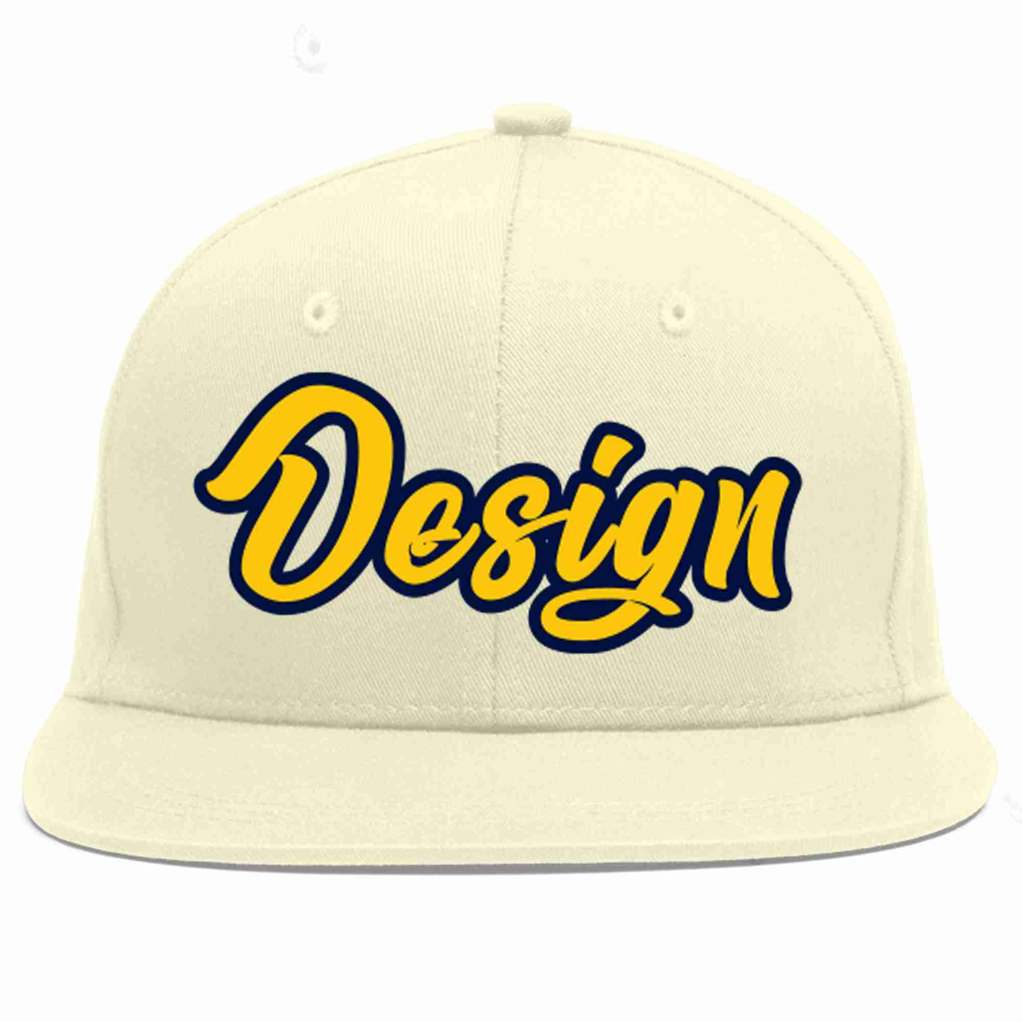 Custom Cream Gold-Navy Flat Eaves Sport Baseball Cap Design for Men/Women/Youth