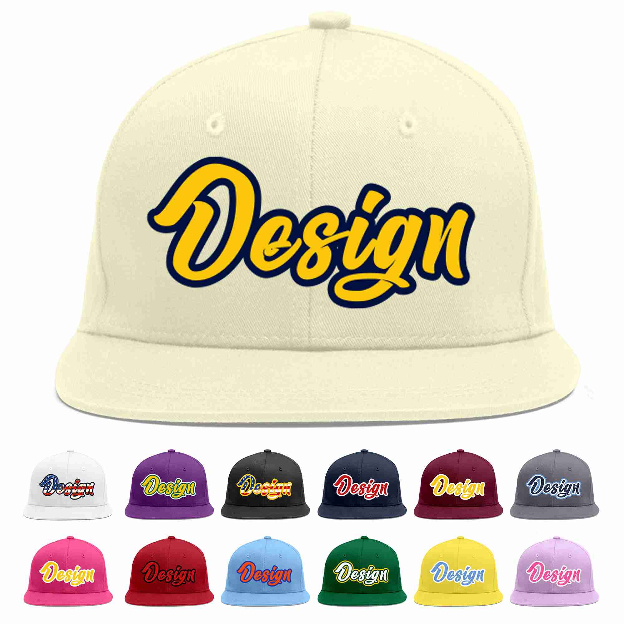 Custom Cream Gold-Navy Flat Eaves Sport Baseball Cap Design for Men/Women/Youth