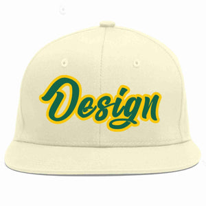 Custom Cream Kelly Green-Gold Flat Eaves Sport Baseball Cap Design for Men/Women/Youth