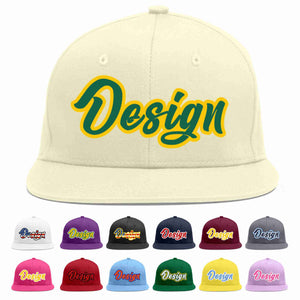 Custom Cream Kelly Green-Gold Flat Eaves Sport Baseball Cap Design for Men/Women/Youth