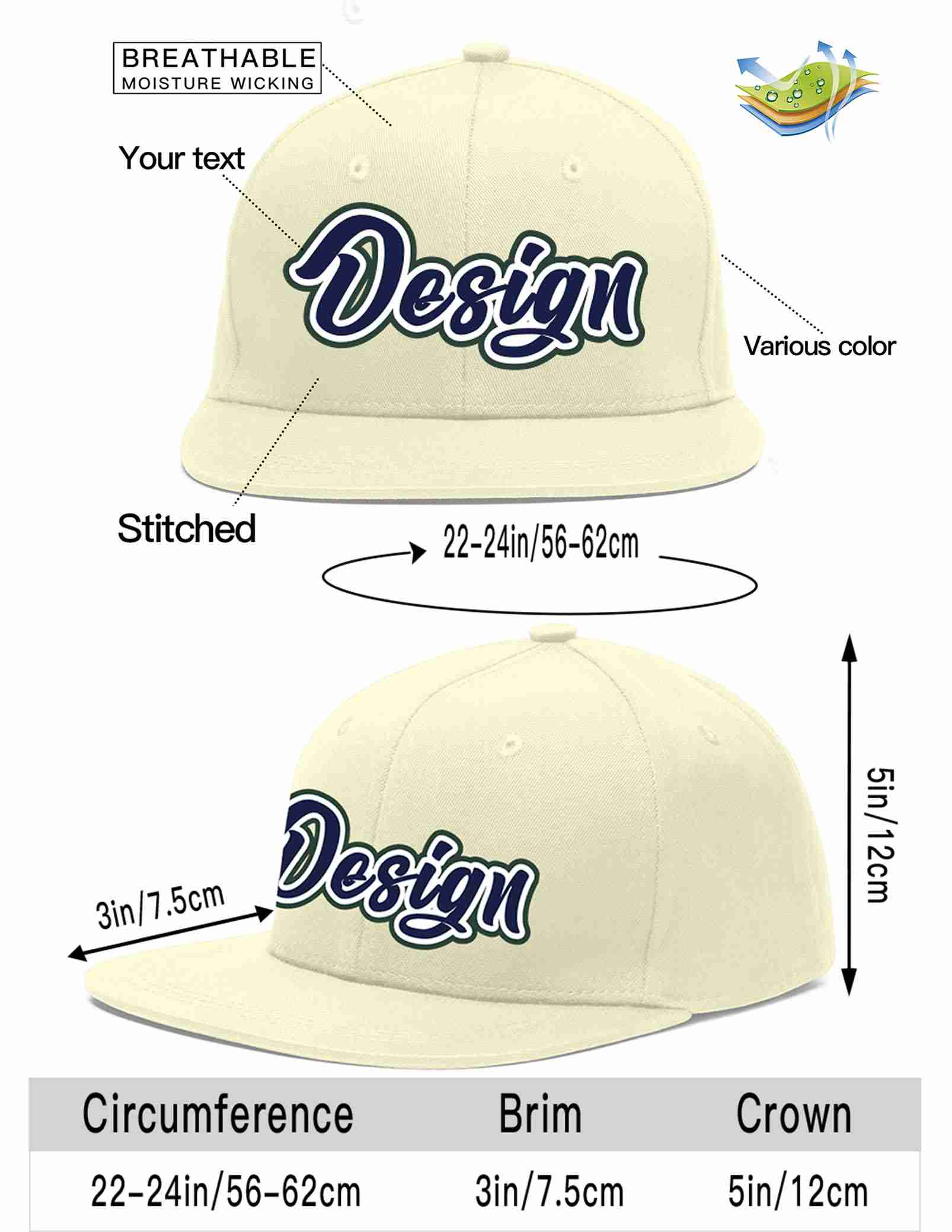 Custom Cream Navy-White Flat Eaves Sport Baseball Cap Design for Men/Women/Youth