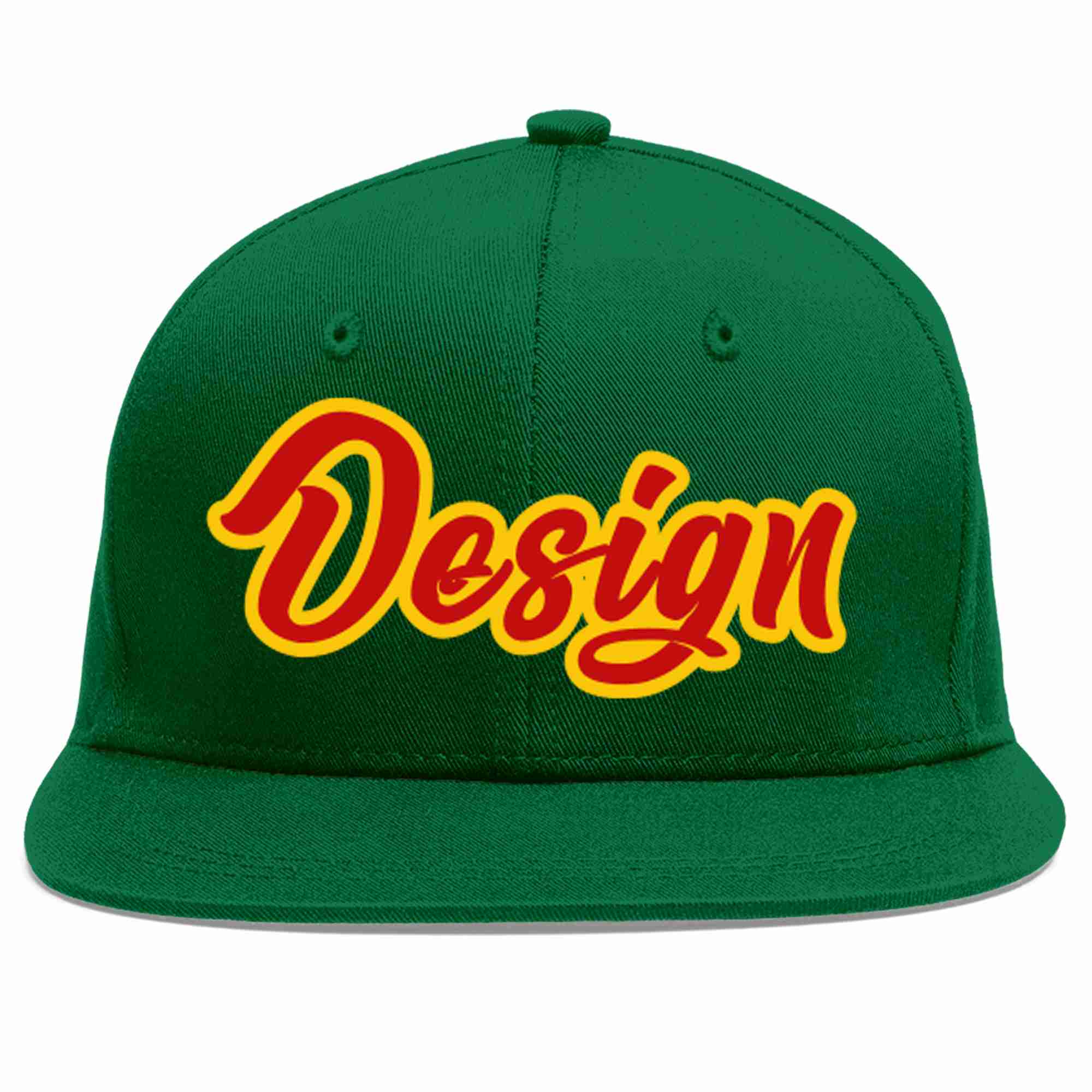 Conception personnalisée de casquette de baseball de sport à avant-toit plat vert rouge-jaune pour hommes/femmes/jeunes