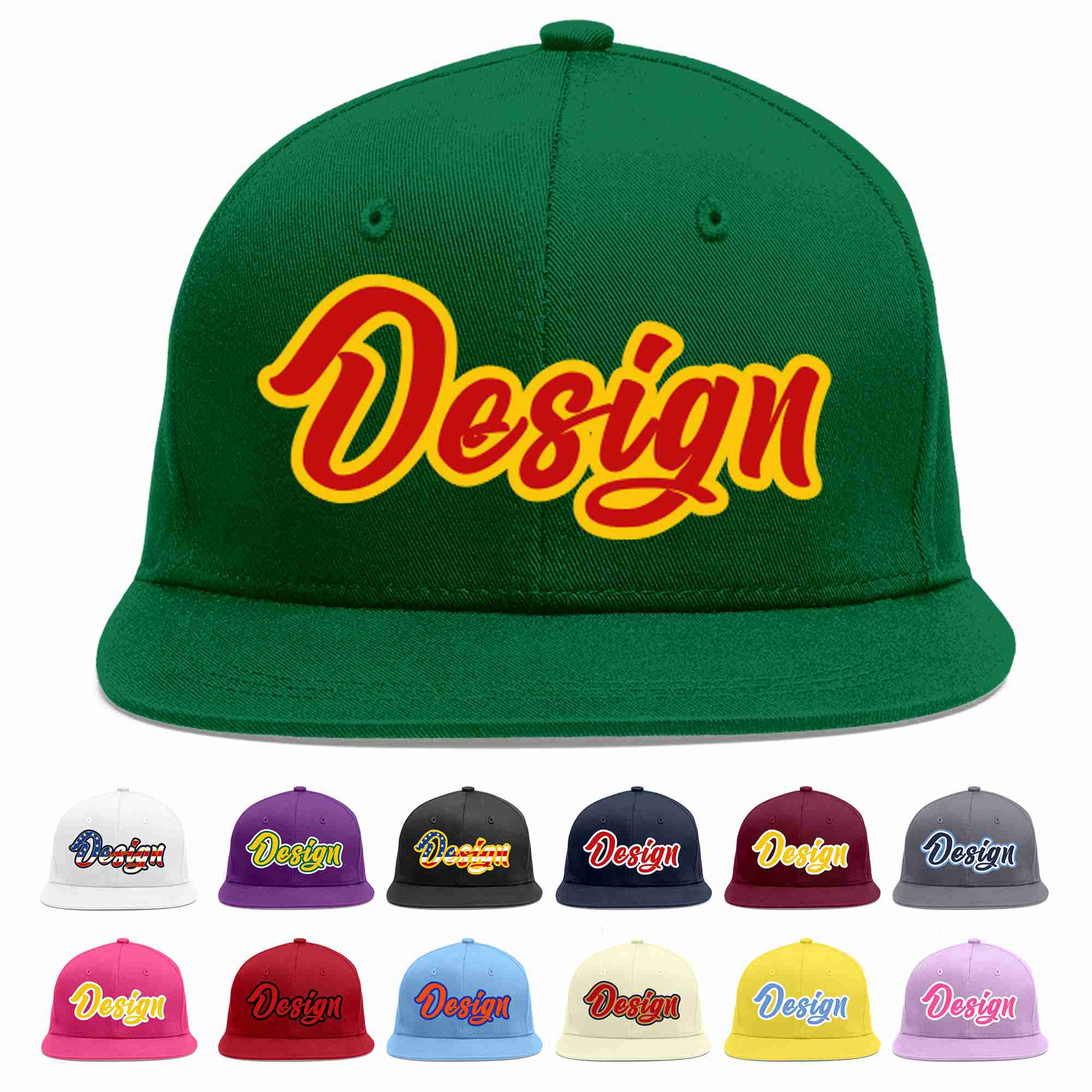 Conception personnalisée de casquette de baseball de sport à avant-toit plat vert rouge-jaune pour hommes/femmes/jeunes