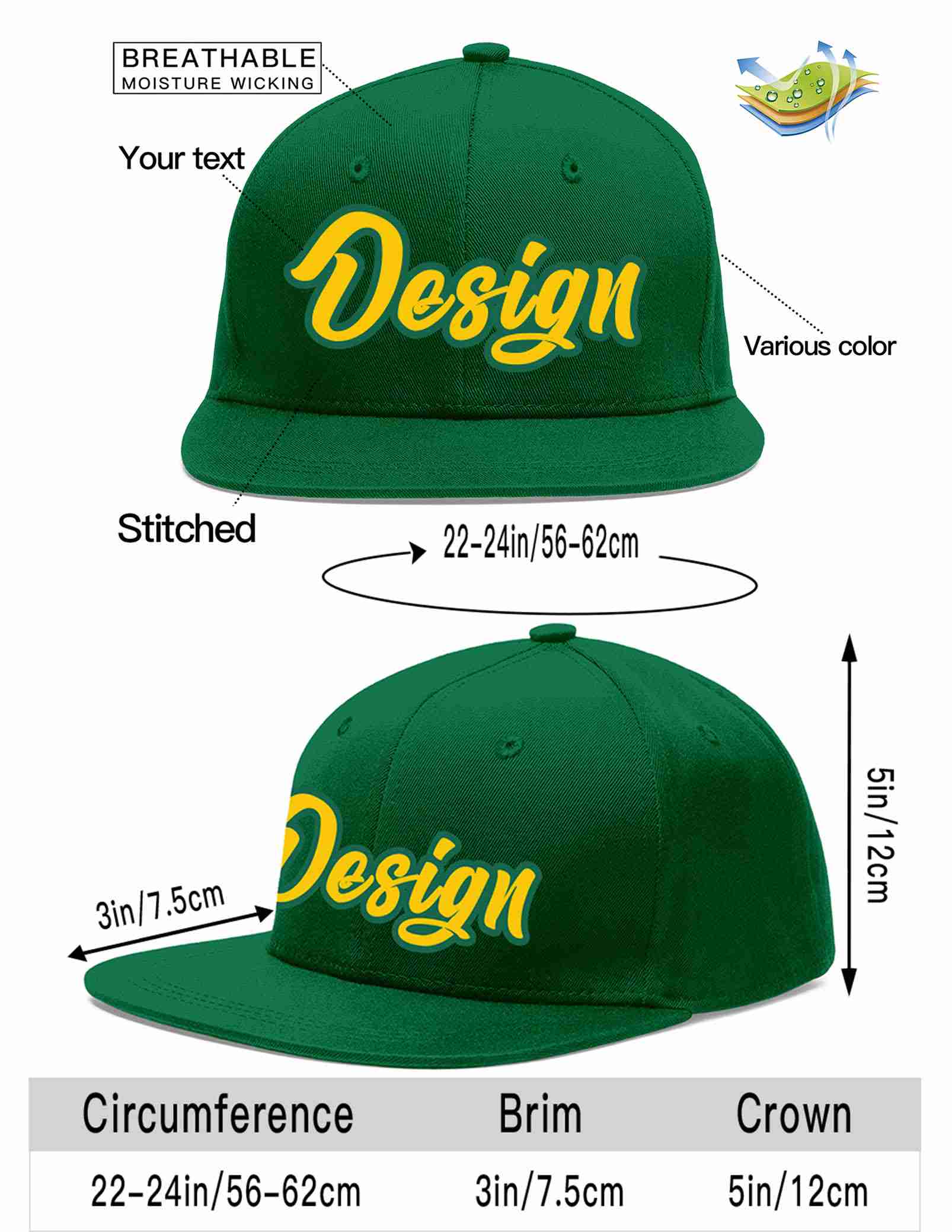 Custom Green Gold-Kelly Green Flat Eaves Sport Baseball Cap Design for Men/Women/Youth