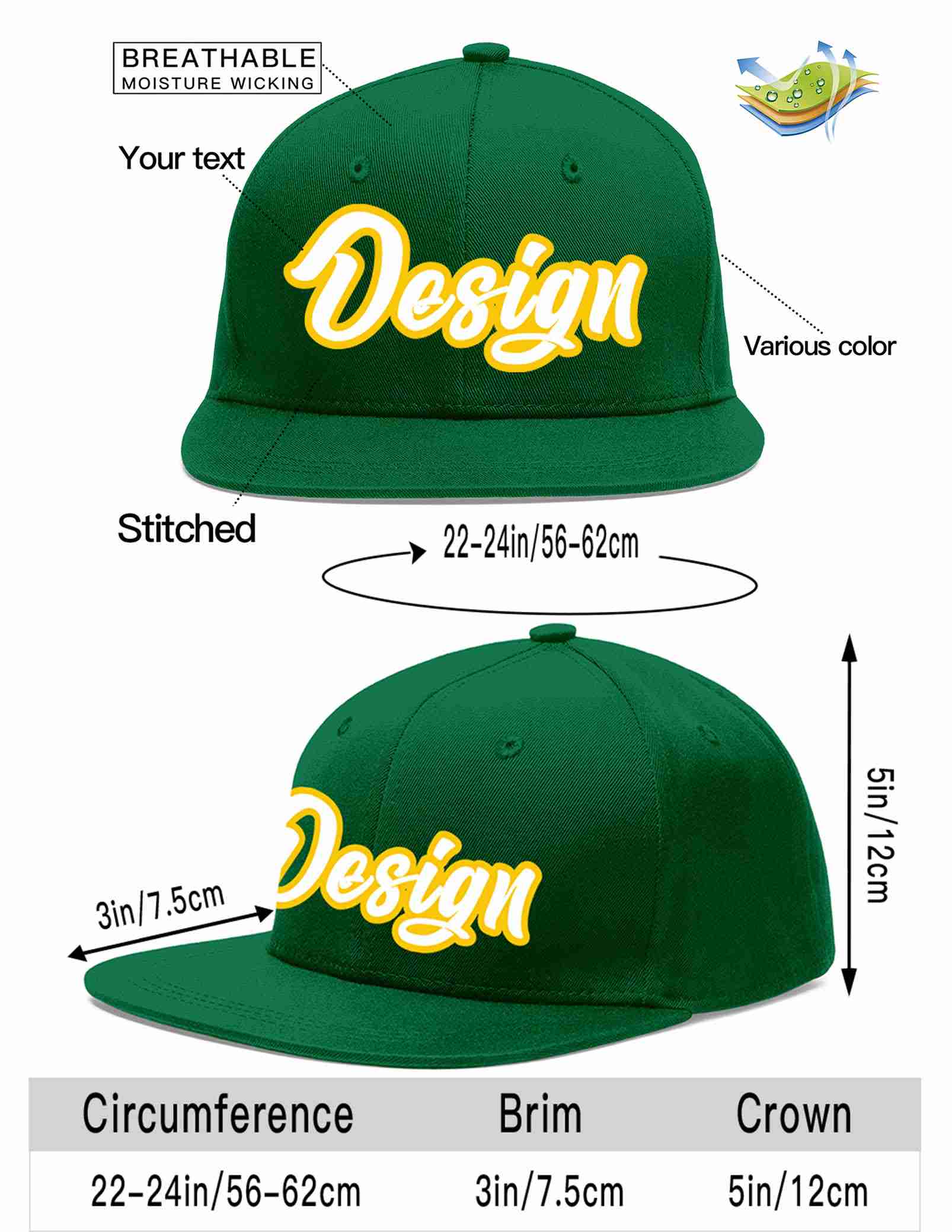 Custom Green White-Gold Flat Eaves Sport Baseball Cap Design for Men/Women/Youth