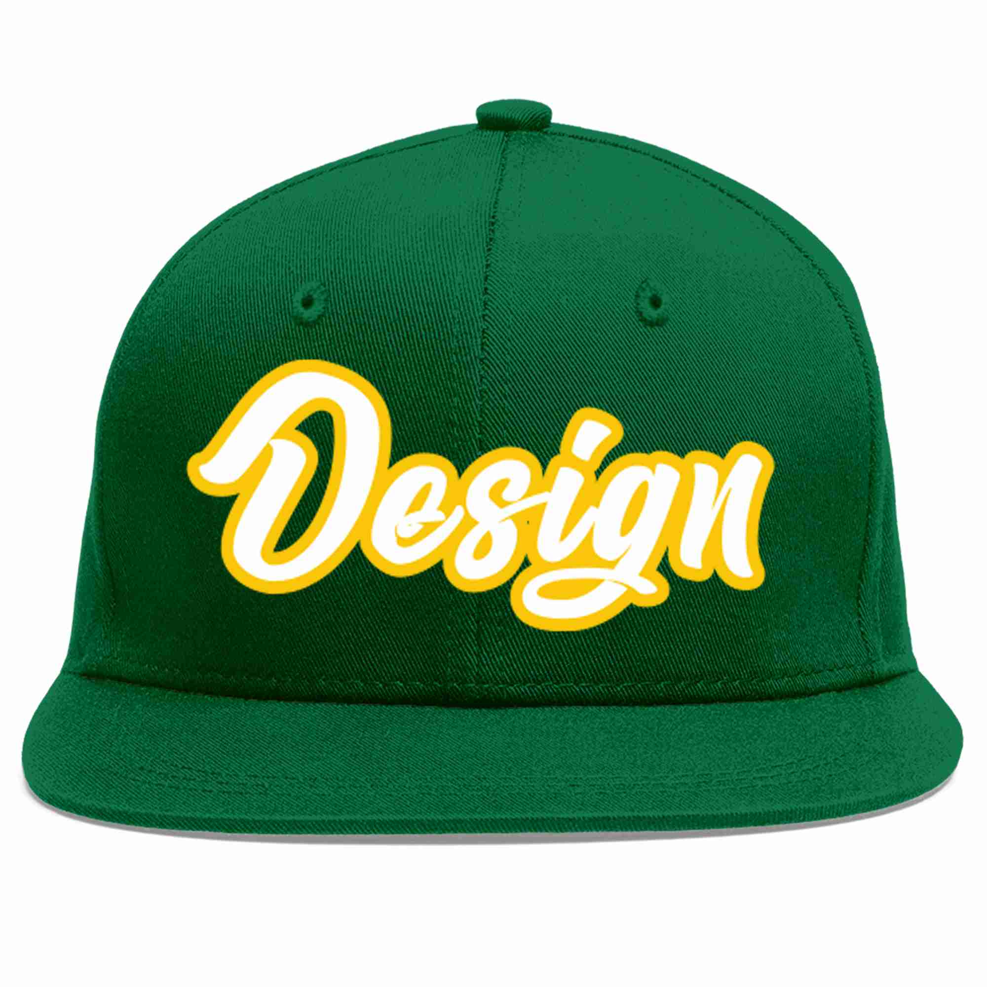 Custom Green White-Gold Flat Eaves Sport Baseball Cap Design for Men/Women/Youth