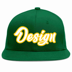 Conception personnalisée de casquette de baseball de sport à avant-toit plat vert blanc-or pour hommes/femmes/jeunes